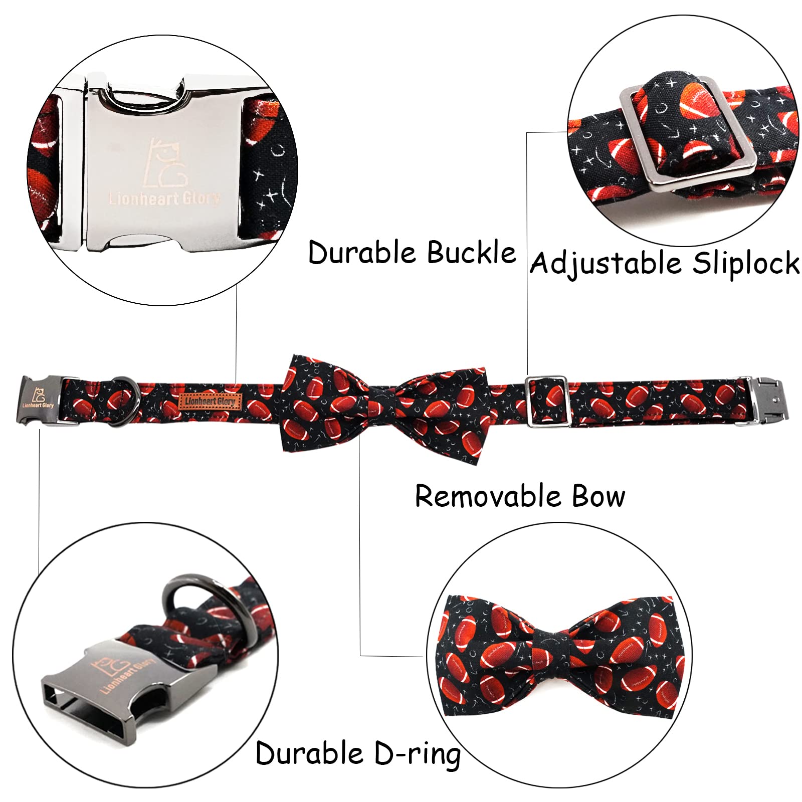 Lionheart Glory Dog Collar - Bowtie Collar For Large Dogs, Cotton Bow, Adjustable, Comfortable, Handmade