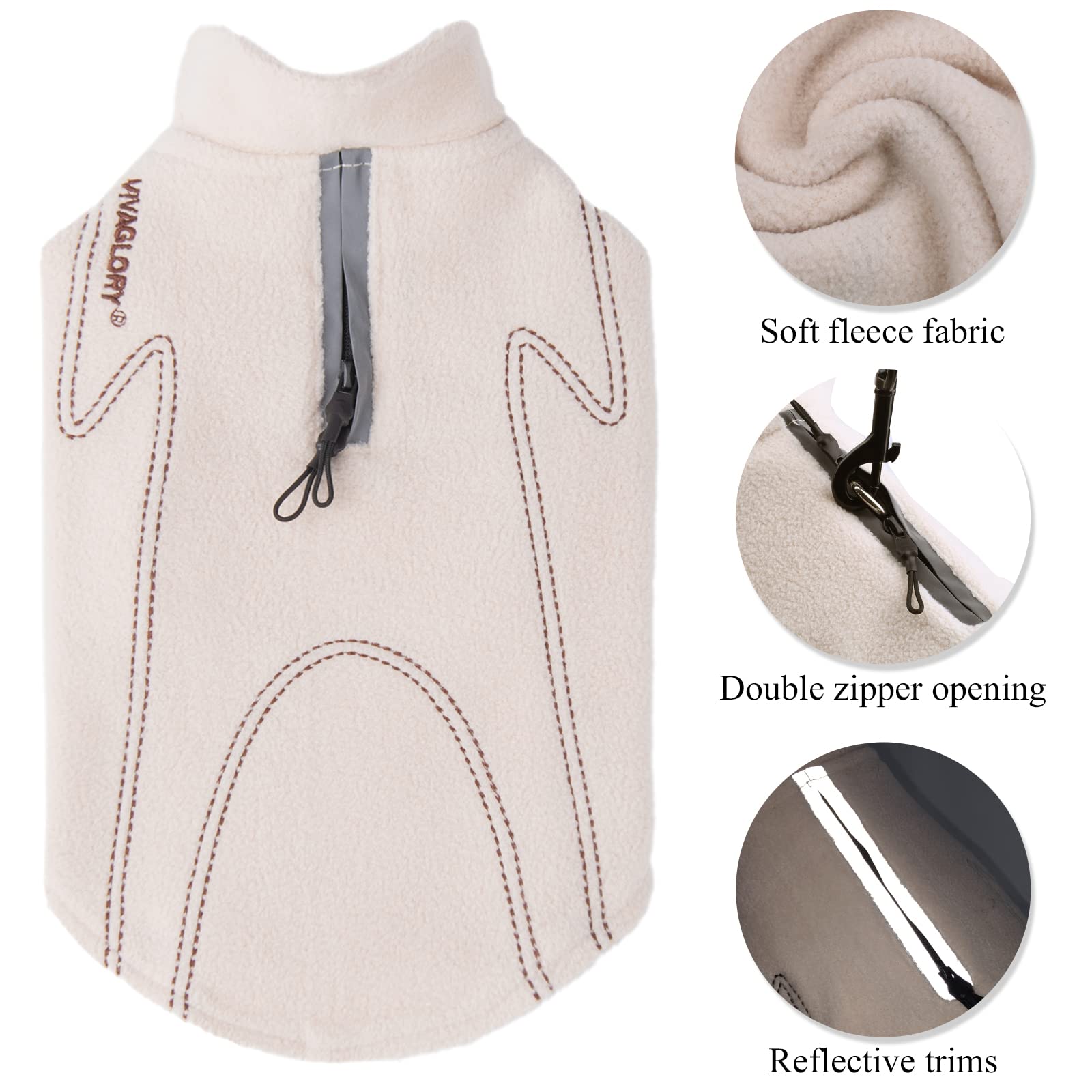 Vivaglory Dog Fleece Coat Warm Jacket With Hook And Loop Fastener, Easy To Take On And Off, Winter Vest Sweater For Small Medium Large Dogs Puppy Windproof Clothes For Cold Weather, Beige, M