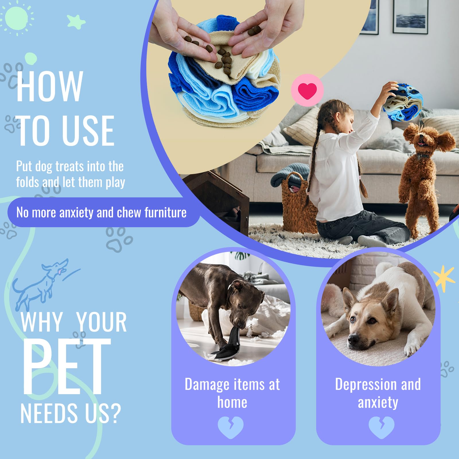 Larimuer Pet Snuffle Ball, Puzzle Sniffing Interactive Dog Ball For Blind Dogs Training & Stress Relief - Machine Washable (15Cm