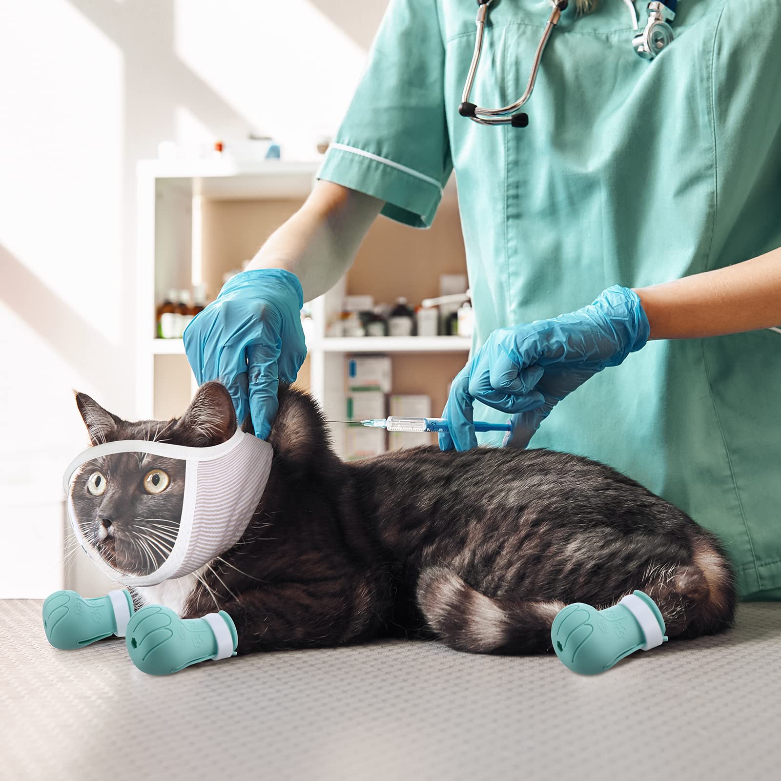 Hillban Cat Muzzle For Grooming With 4 Silicone Boots Breathable Transparent Face Guard Silicone Cat Claw Covers Anti Scratch Booties To Prevent Scratching Biting Bathing Trimming(Medium)