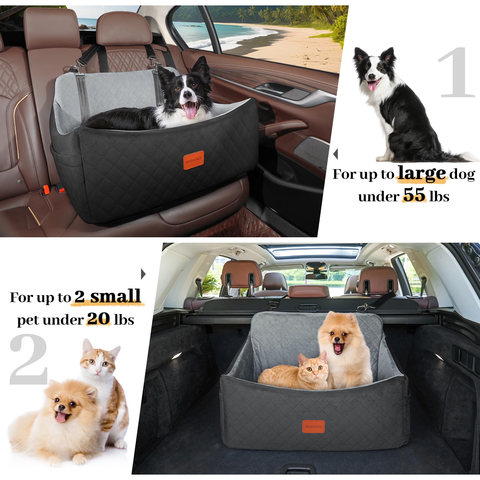 Wooaidagg Dog Car Seat for Medium & Large Dogs Up to 55lbs, Memory Foam Cushion, Washable Cover, Safety Straps & Non-Slip Base(B