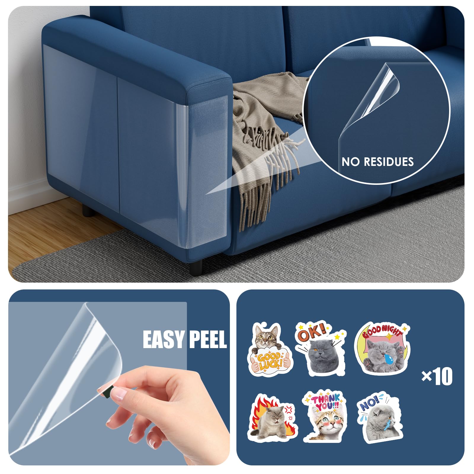 No Pins Pain Cat Scratch Furniture Protector-12 Pack Self-Adhesive Single Side Couch Protector From Cat Claws, Anti-Scratching D