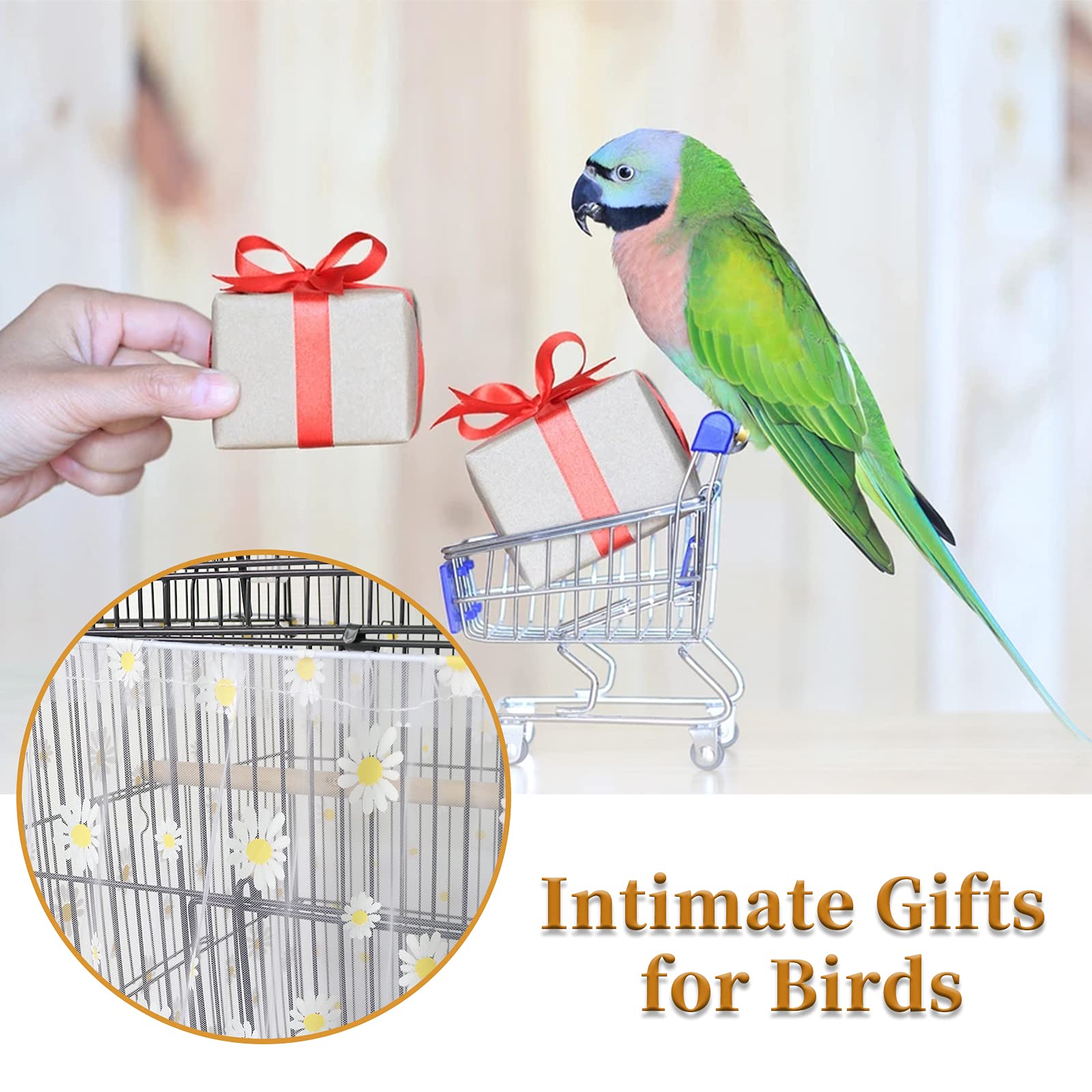 Daoeny Large Bird Cage Cover, Bird Cage Seed Catcher, Adjustable Soft Nylon Mesh Net With Daisy Pattern, Birdcage Cover Skirt Seed Guard For Parrot Parakeet Macaw Round Square Cages (White)
