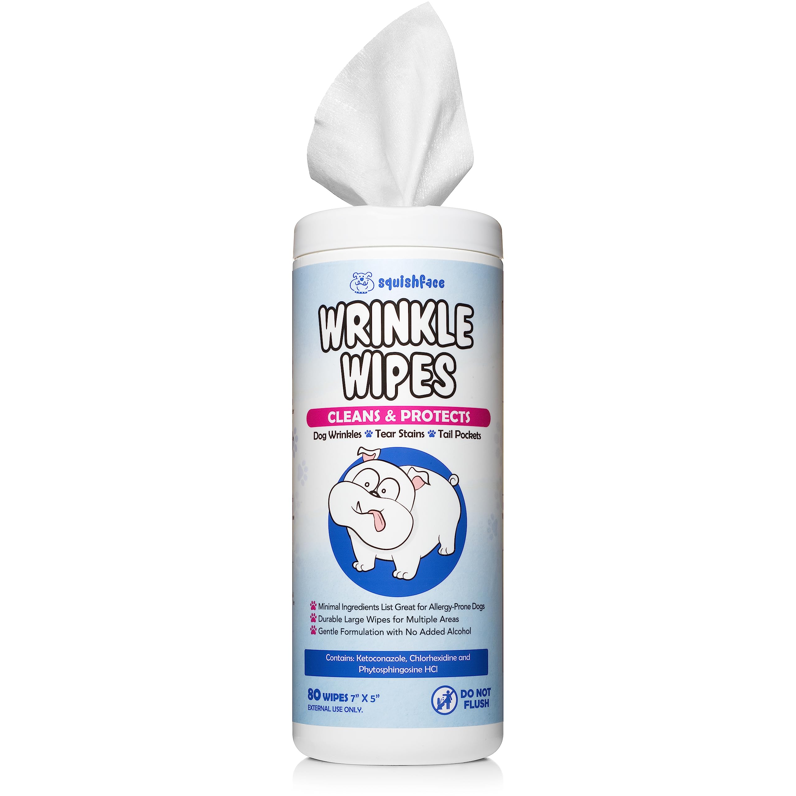 Squishface Wrinkle Wipes - 80 Count Deodorizing Dog Wipes for Tear Stains - Ideal for Bulldogs, Pugs, Frenchies & All Breeds - 5x7