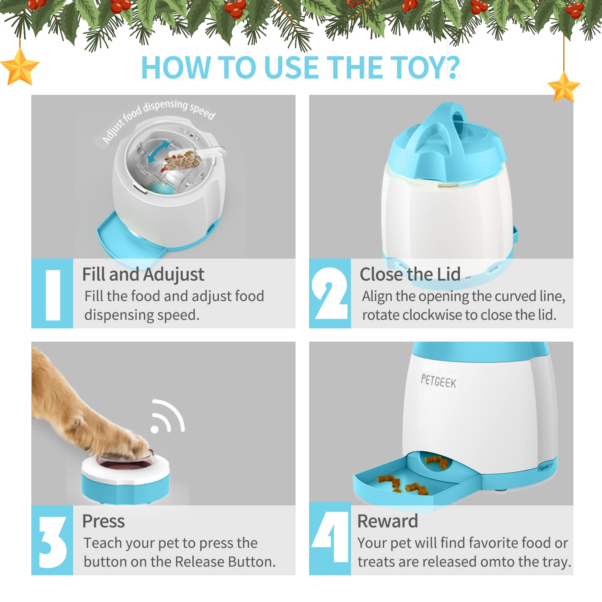 Petgeek Automatic Dog Treat Dispenser With Button, Dog Button Feeder With Dual Power Supply And Remote Control, Dog Puzzle Toys And Interactive Dog Toys For Indoor Or Outdoor Play(Blue)