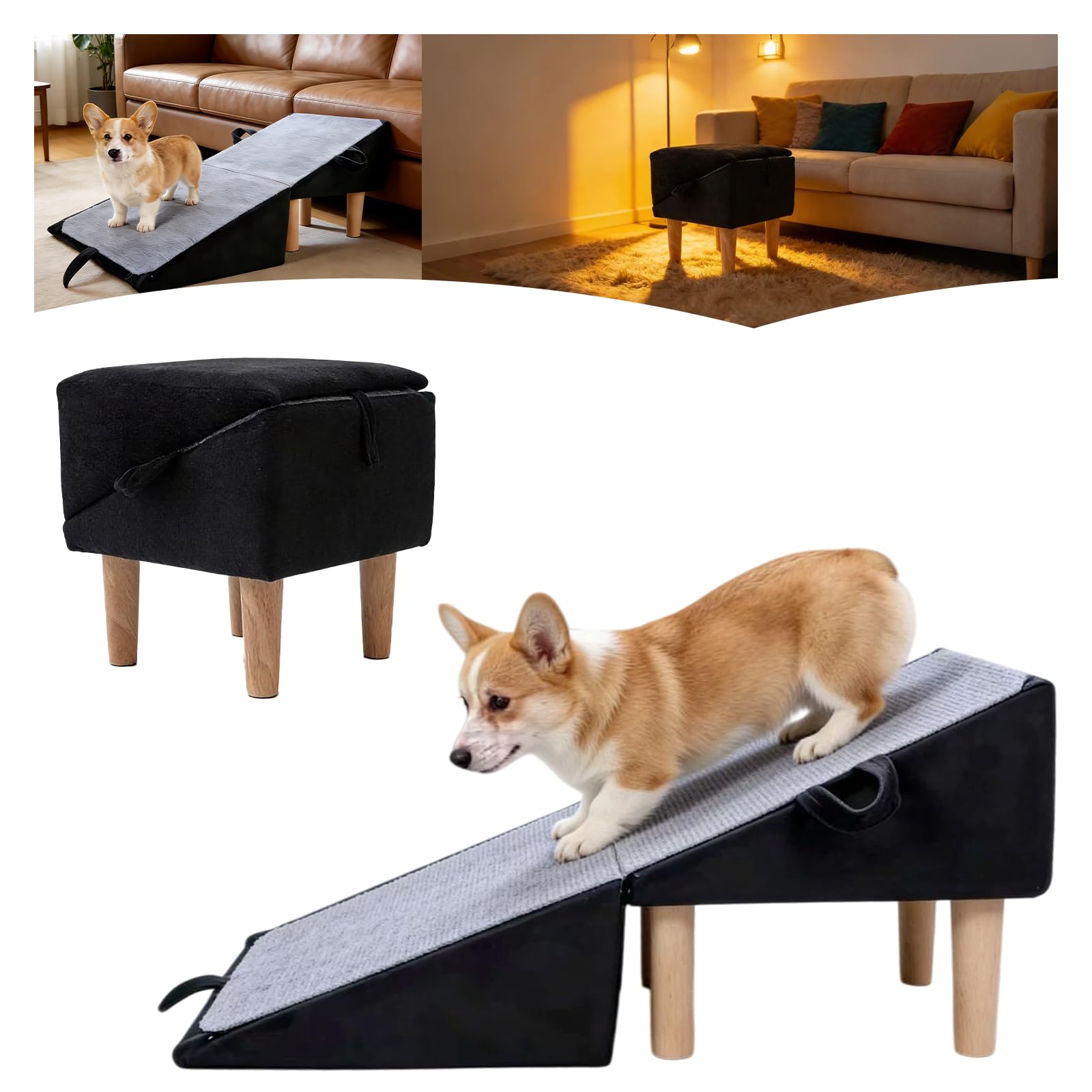 Split Ottoman Dog Ramp for Couch and Low Bed, 2-in-1 Foldable Dog Stairs for Small Dogs and Cats, Wooden Pet Ramp with Non-Slip 