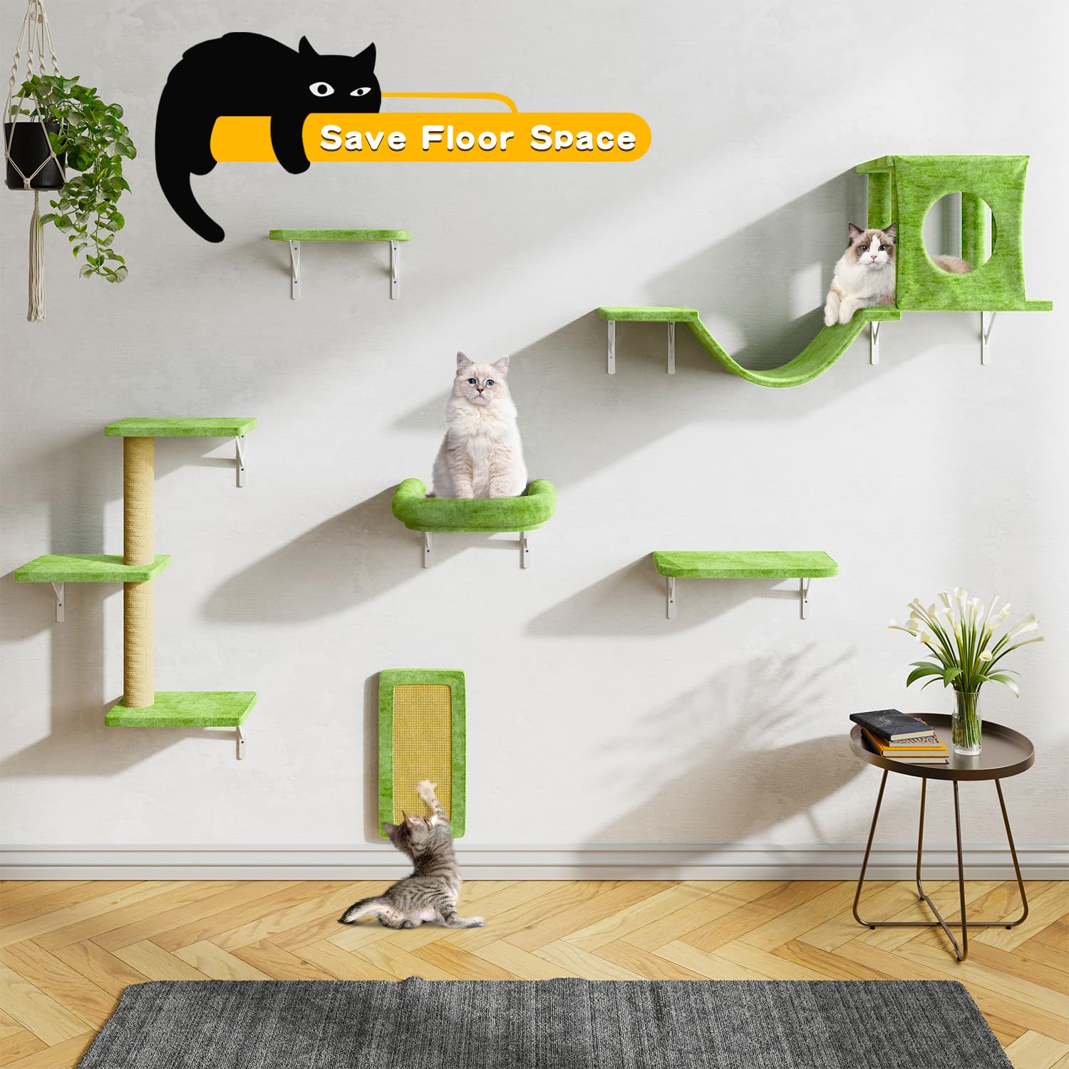 Nunu Lab Cat Wall Shelves, 6 Pcs Luxury Wall-Mounted Cat Climber Set, Indoor Cat Furniture With 1 Condos House, 2 Cat Wall Shelv
