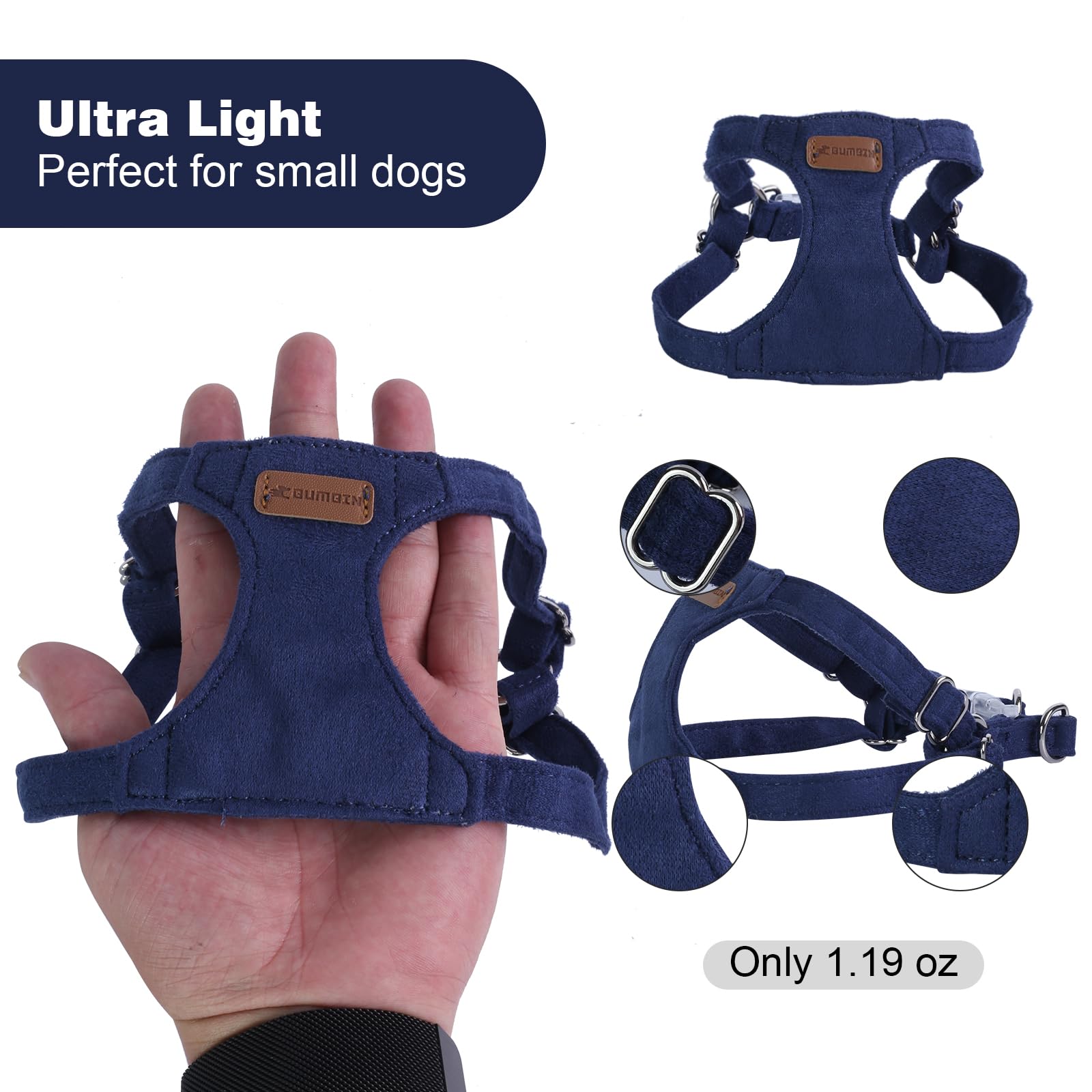 Denim Blue Xxs No Pull Adjustable Puppy Harness Set With Multifunction Leash And Collar, Soft No Choke Escape Proof Pet Harness