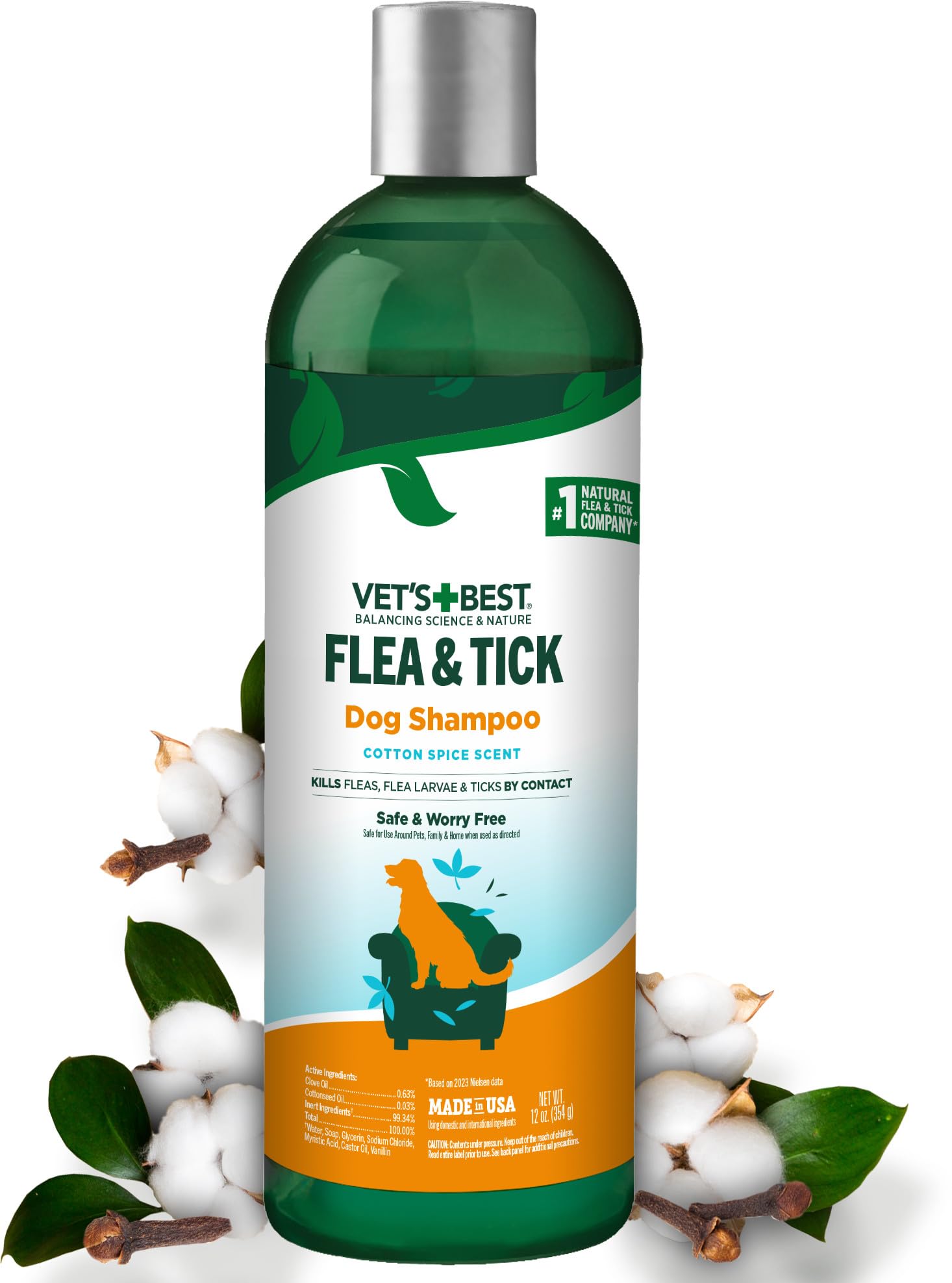 Vets Best Flea & Tick Shampoo for Dogs - Cotton Spice Scented Flea and Tick Shampoo - Made for Dogs - Protects Against Fleas, L