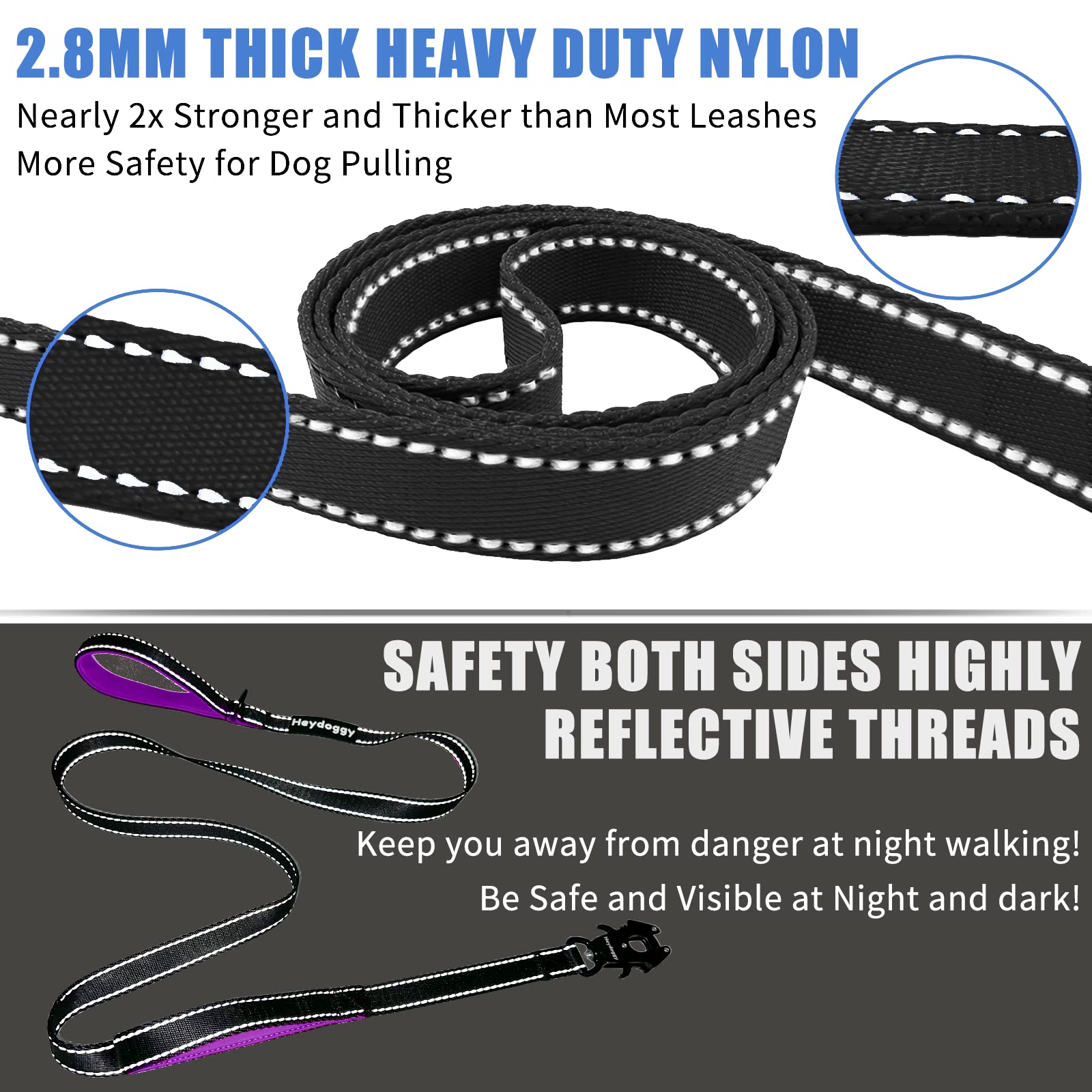 Strong Heavy Duty Dog Leash - 6Ft Reflective Nylon Training Leash With Soft Padded Double Handle & Auto Lock Frog Clip - Safety