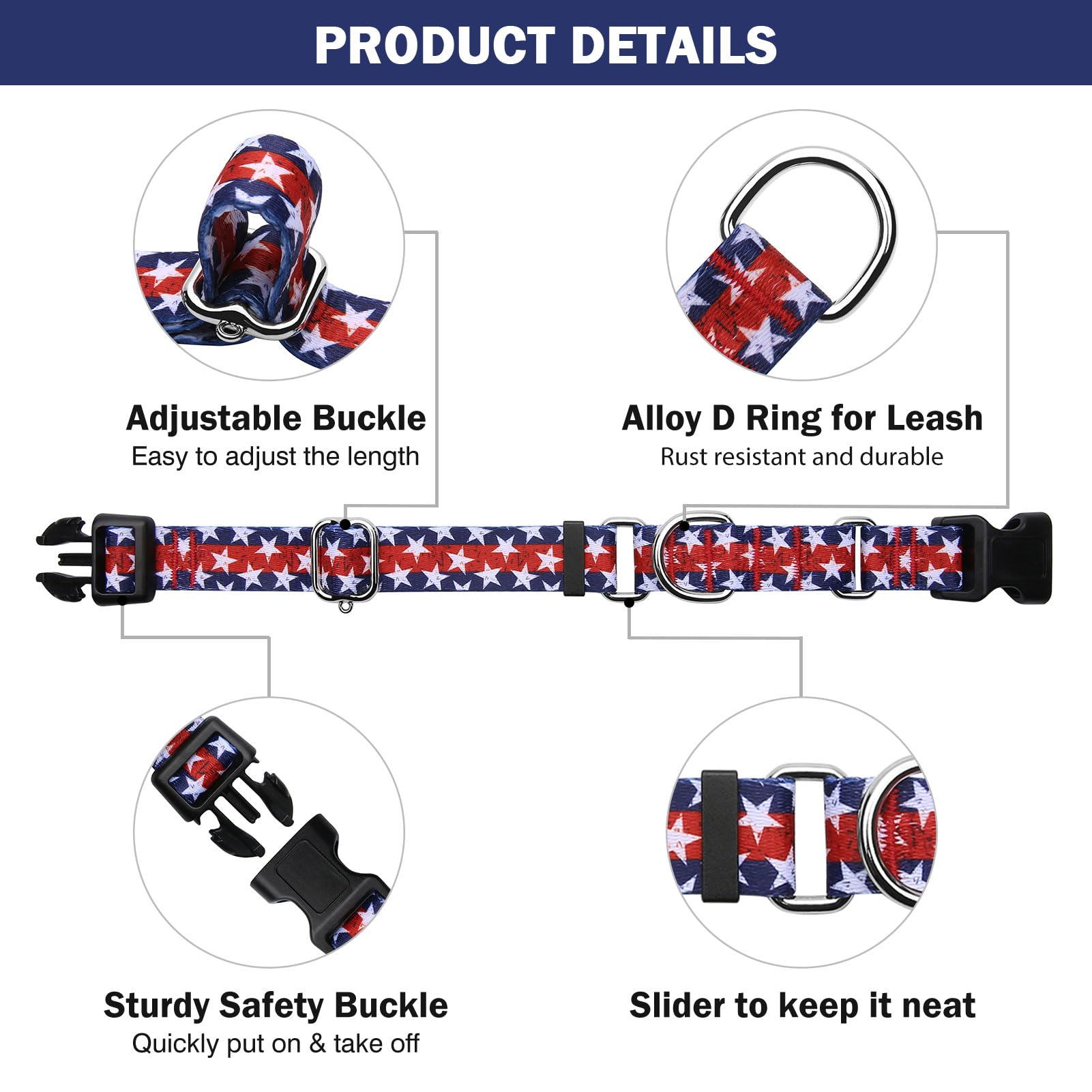 Hikiko American Flag Martingale Collar With Buckle Adjustable Soft Nylon Dog Collars For Small Medium Large Dog (Star,Large)