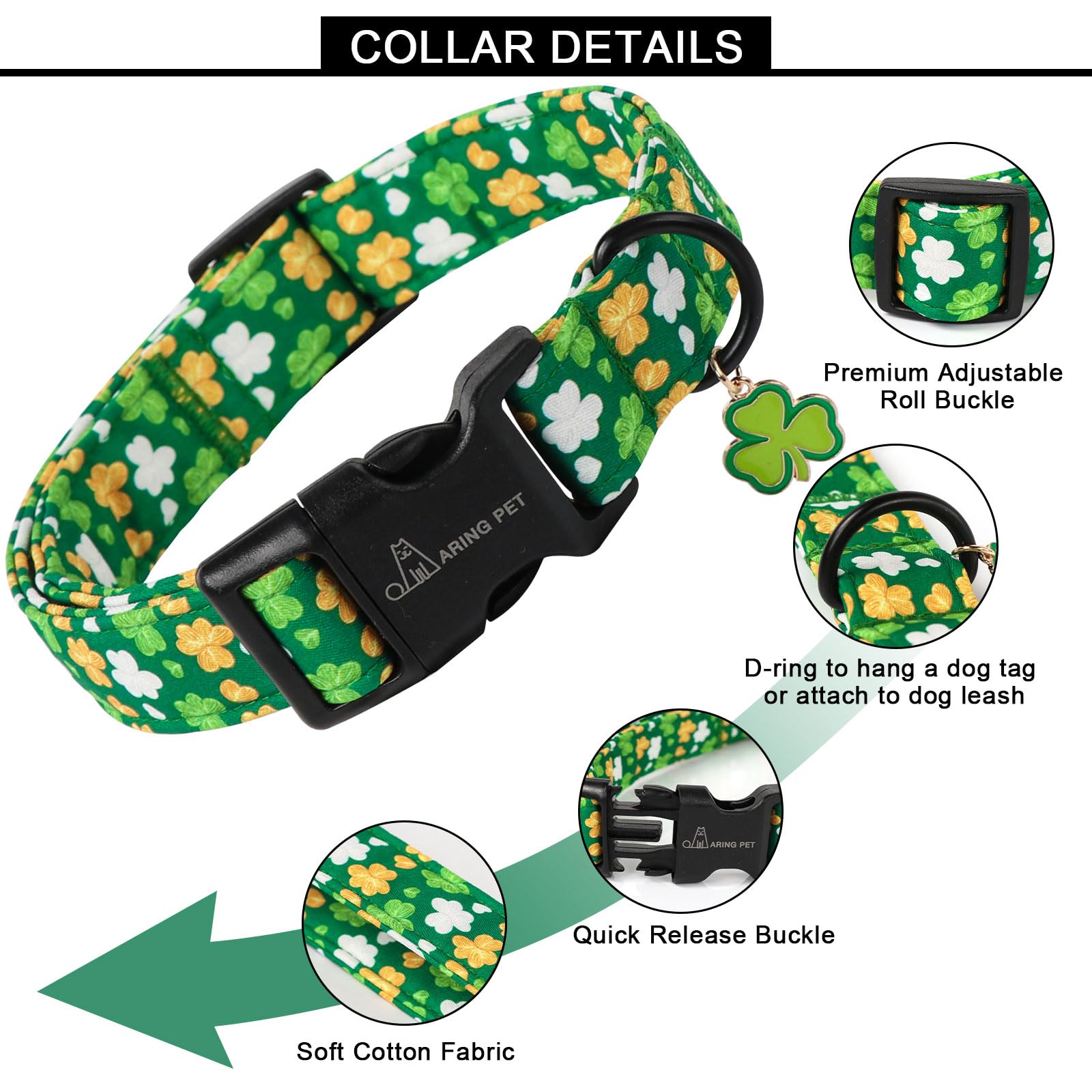 Aring Pet St Patrick'S Day Dog Collar-Cute Green Clovers Dog Collars, Adjustable Shamrock Pet Collars Trefoil Puppy Collar Gifts