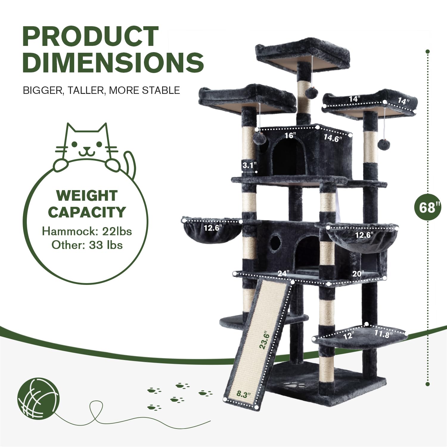 Imusee 68 Inches Multi-Level Large Cat Tree Tower With Cat Condo/Cozy Plush Cat Perches/Sisal Scratching Posts And Hammocks/Cat Activity Center Play House/Smoky Grey