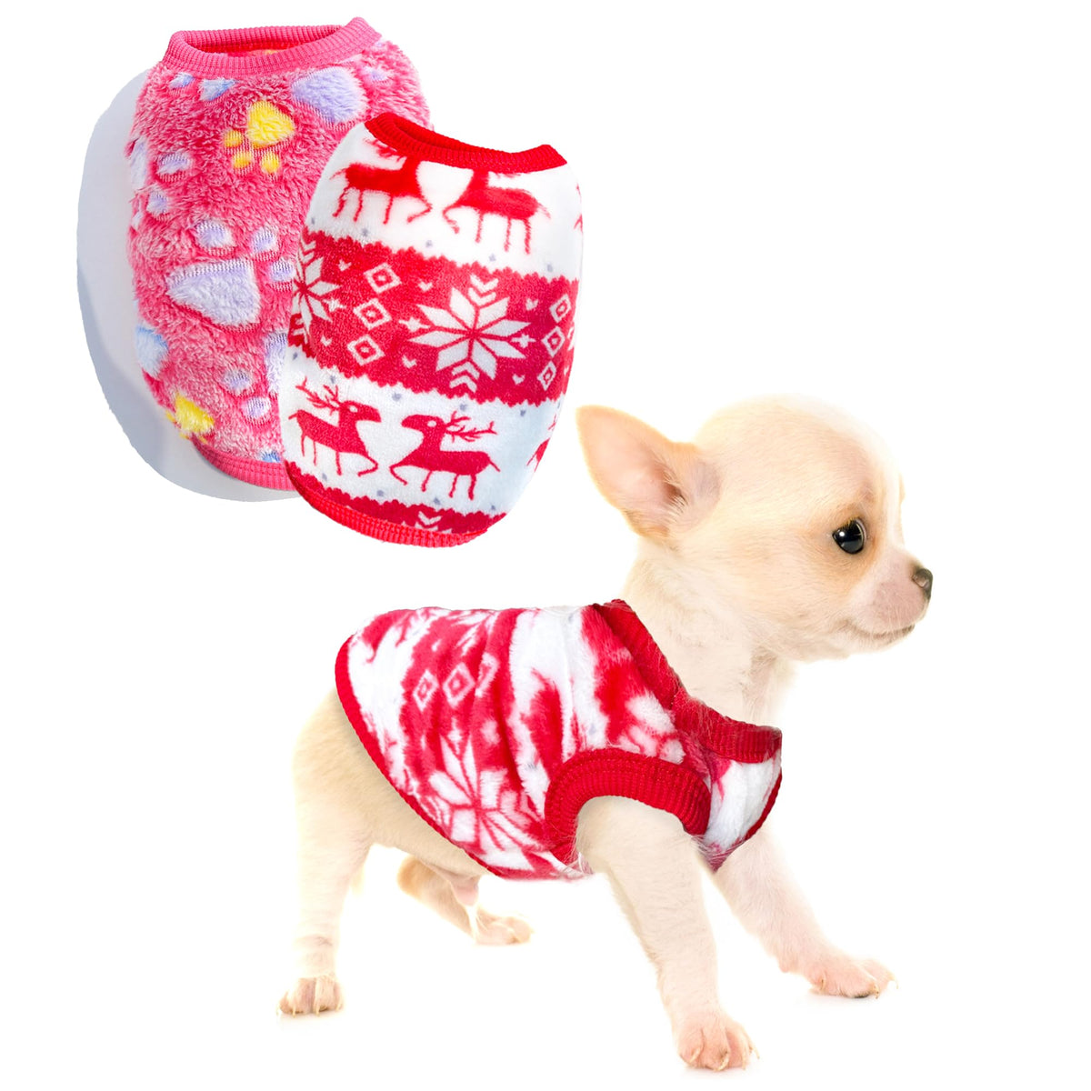 2 Pieces Christmas Dog Outfit - Puppy Sweater, Teacup Chihuahua Reindeer Snowflake Xmas Pet Warm Winter Clothes For Extra Small 