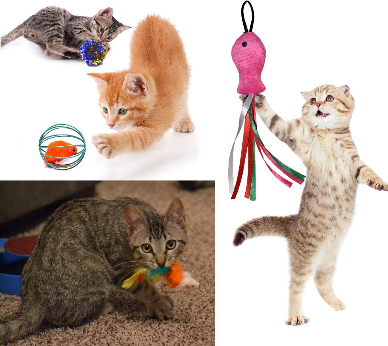 Cat Toys Set, Cat Retractable Teaser Wand, Catnip Fish, Interactive Cat Feather Toy, Mylar Crincle Balls, Two Cotton Mice, Four