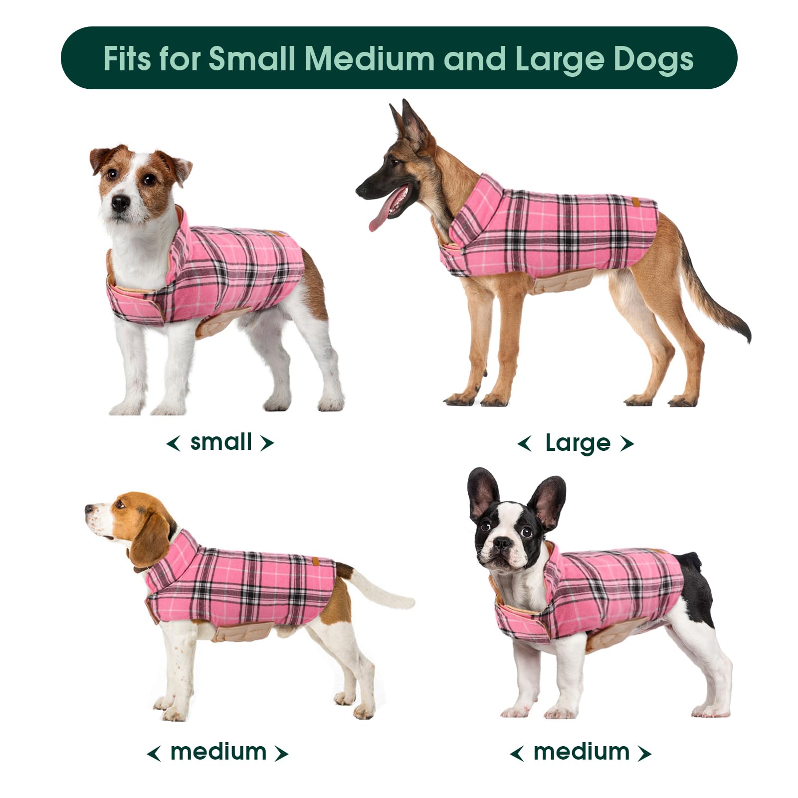 Kuoser Reversible Dog Coat, Waterproof Winter Jacket, 2X-Large, Pink, Plaid Style for Small Medium Large Dogs