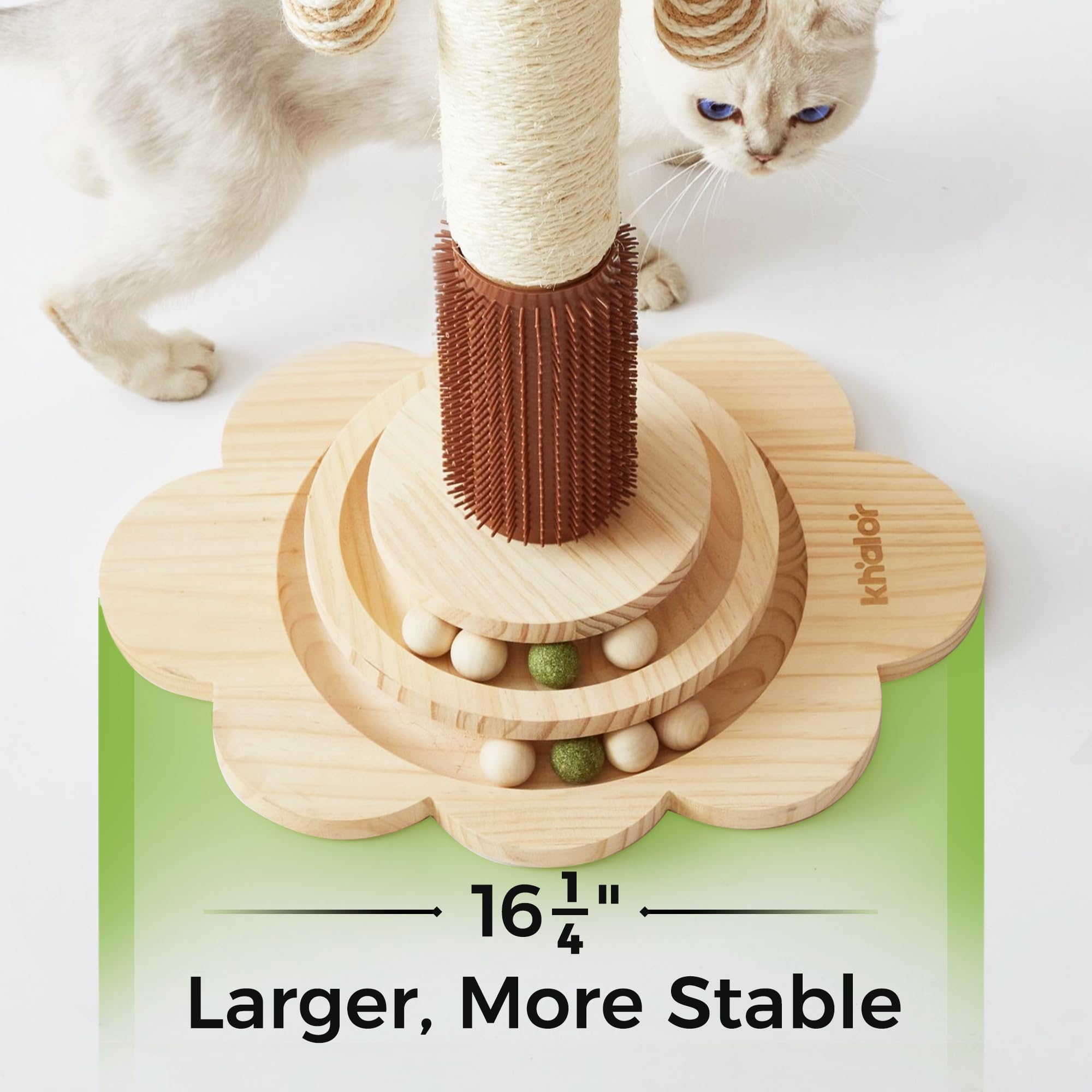 KHALOR Cat Sisal Scratching Post, 4 in 1 Wooden Cat Scratcher Toy with Groomer, 24 Tall Scratch Post with 2-Layer Interactive Tr
