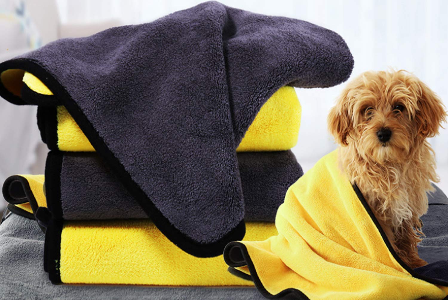 Kwispel Dog Bath Towel - Super Absorbent Microfiber Dog Towel For Small Dogs And Cats, Yellow & Grey 11.8' X 23.6'