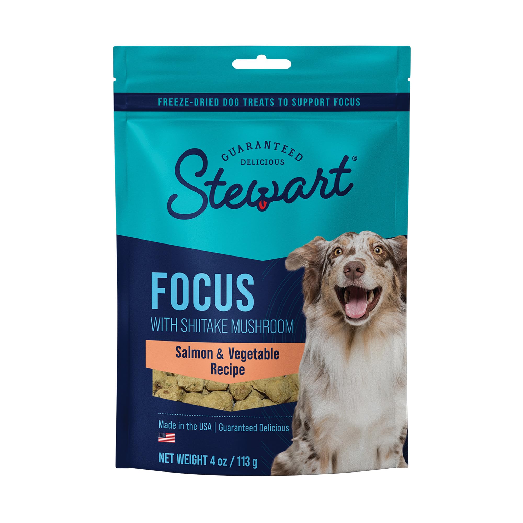 Stewart Freeze Dried Dog Treats, Salmon & Vegetable, Focus Treats, Cognitive Function, Grain Free, 4 Ounce Resealable Pouch, Mad