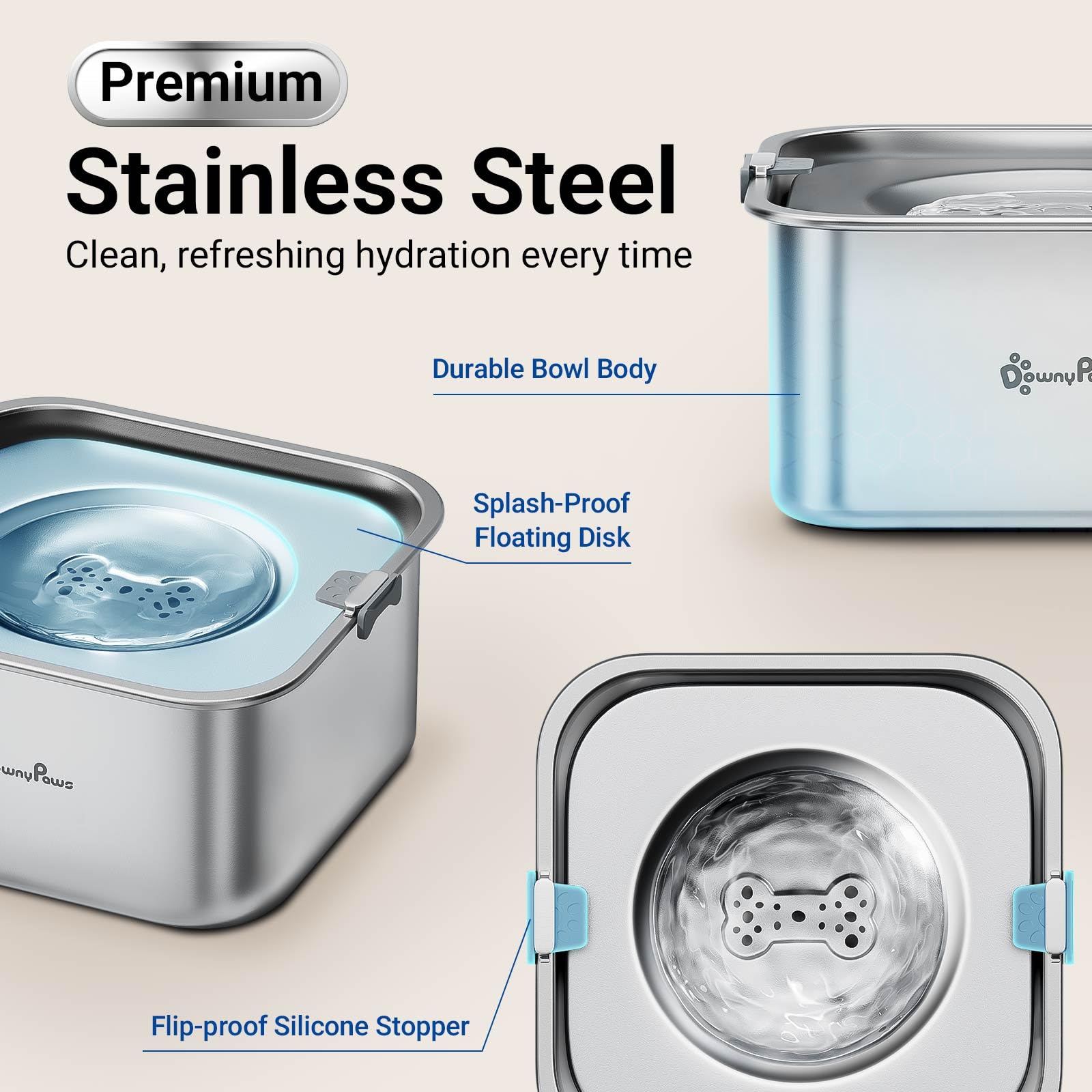 Downypaws No Spill Water Bowl For Dogs,101Oz/3L Stainless Steel Slobber Stopper, No Drip Slow Drinking Dog Water Bowl, No Mess D