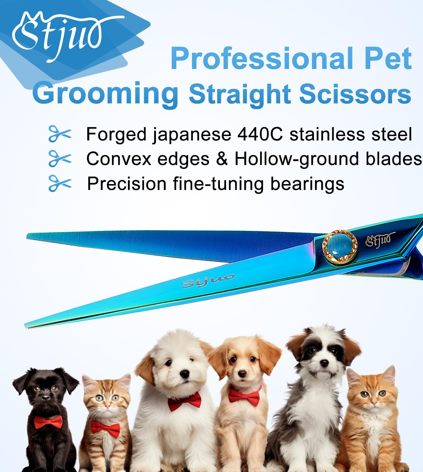 Stjuo 7.5'' Dog Straight Scissors For Grooming 440C Stainless Steel Green Professional Pet Trimming Scissors Sharp Blades Cuttin