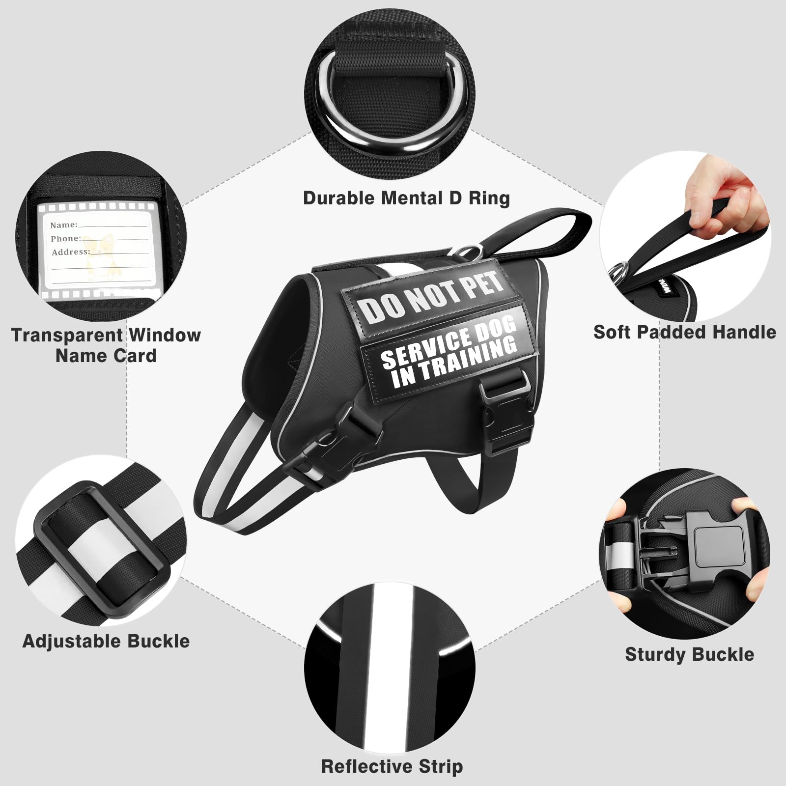 Winsee Service Dog Harness & Leash Set, Large, Black With 10 Patches, Reflective, Adjustable, For Medium & Large Dogs