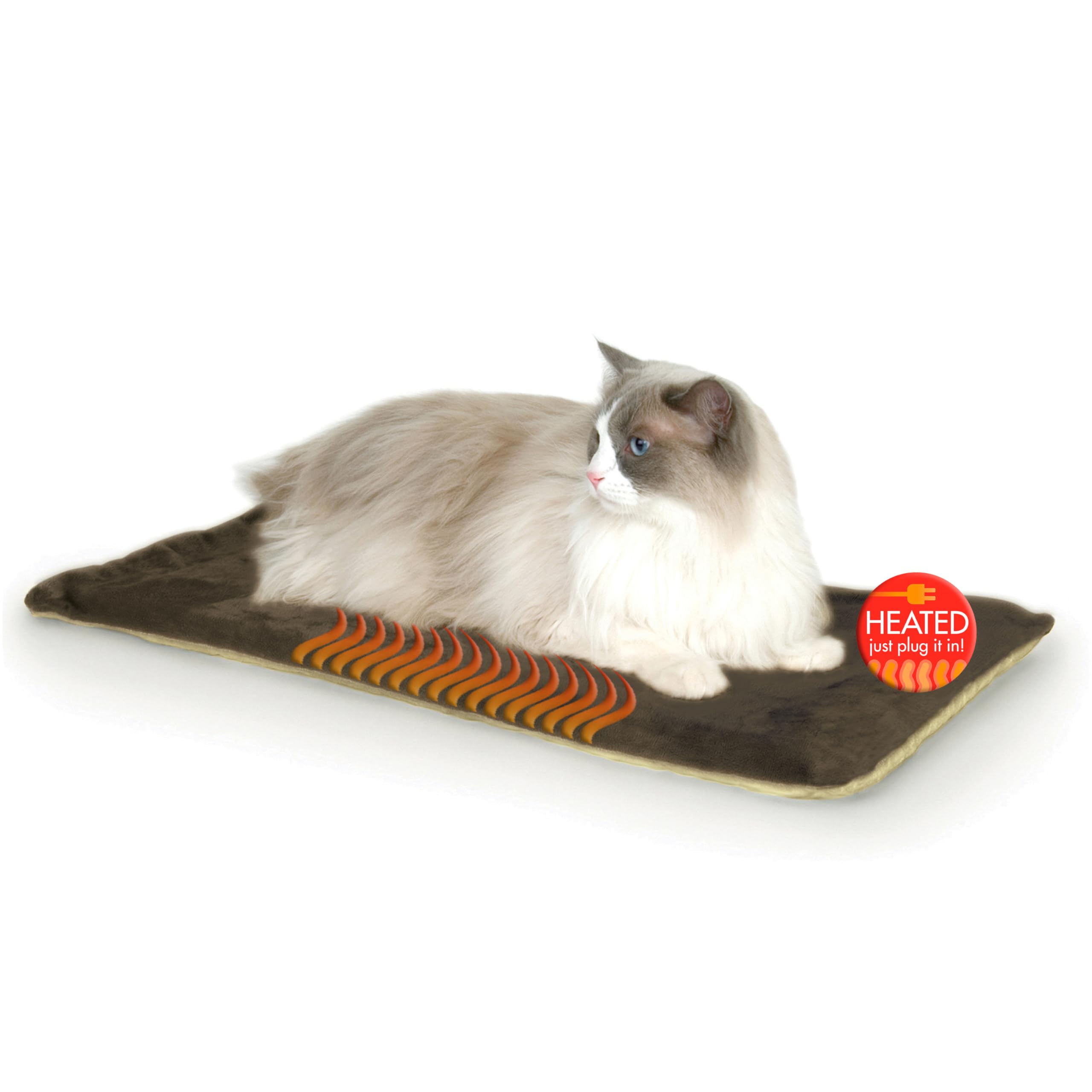K&H Pet Products Heated Cat Bed Pad For Indoor Cats, Thermo-Kitty Mat Calming Warm Pet Heating Pad For Inside Pets, Machine Washable, Waterproof Heater, Safety Listed - 12.5 X 25In Mocha/Tan