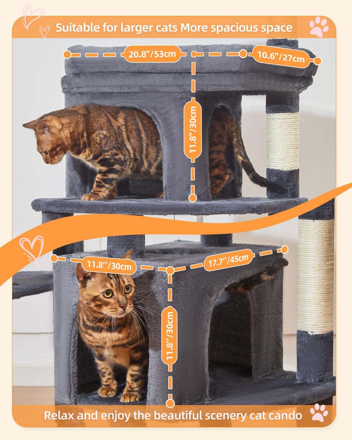 Taoqimiao MS032G 83In Cat Tree for Indoor Cats Large Adult, XXL-Cat Tower, Suitable 20lb+ Heavy Duty Large Cats, 2 Luxurious Cat