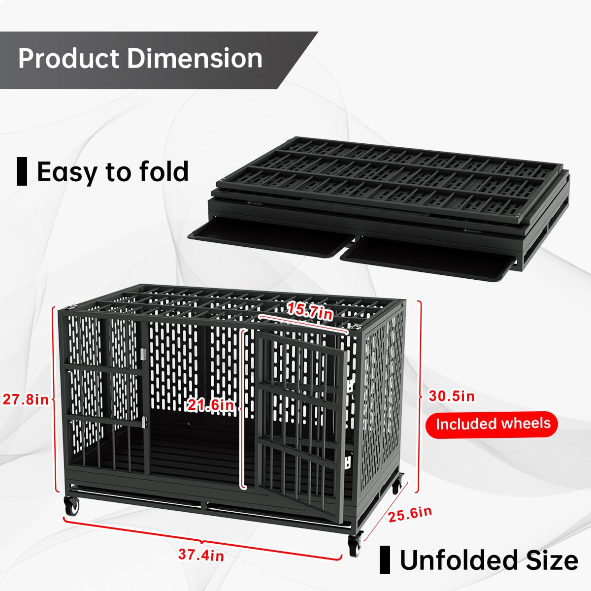 Snuowu Heavy Duty Dog Crate 38 Inch with Wheels, Folding Metal Cage for Large Dogs, Black, Model BJ-38