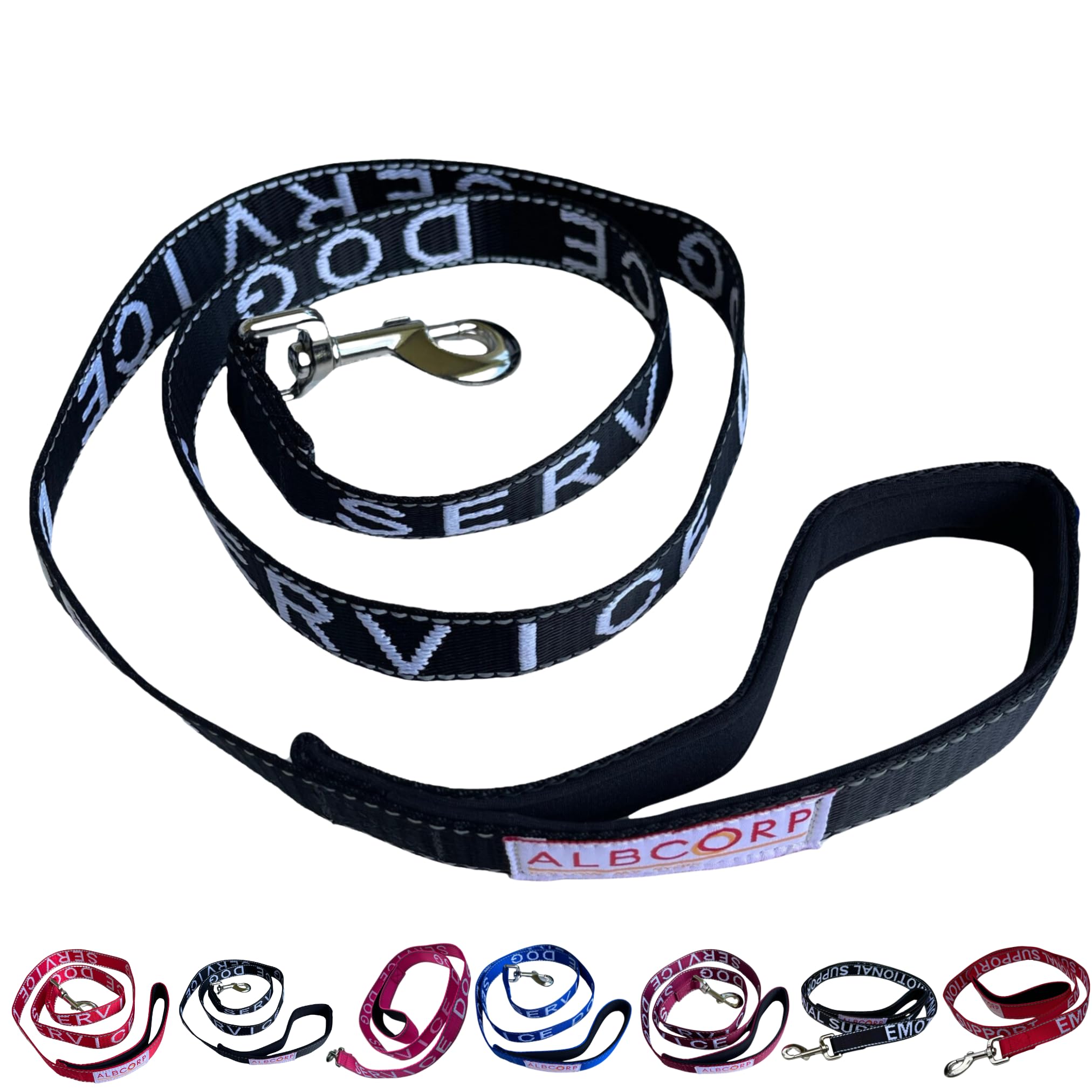 Albcorp Service Dog Leash - Embroidered- With Padded Neoprene Handle And Reflective Threads, 4 Feet, For Harnesses, Vests Or Col