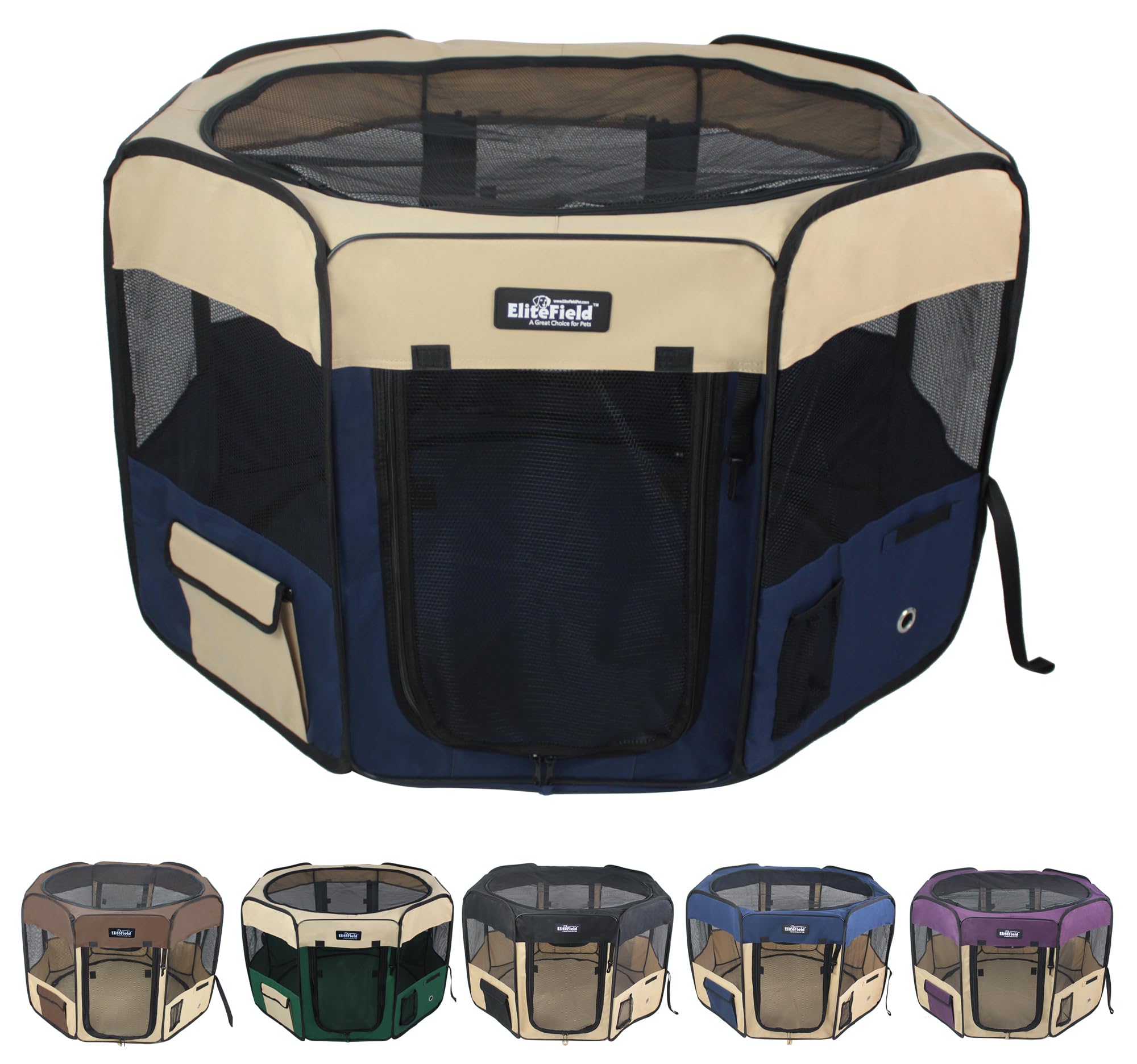 Elitefield 2-Door Soft Pet Playpen (2 Year Warranty), Exercise Pen, Multiple Sizes And Colors Available For Dogs, Cats And Other Pets (30' X 30' X 20'H, Beige+Navy Blue)
