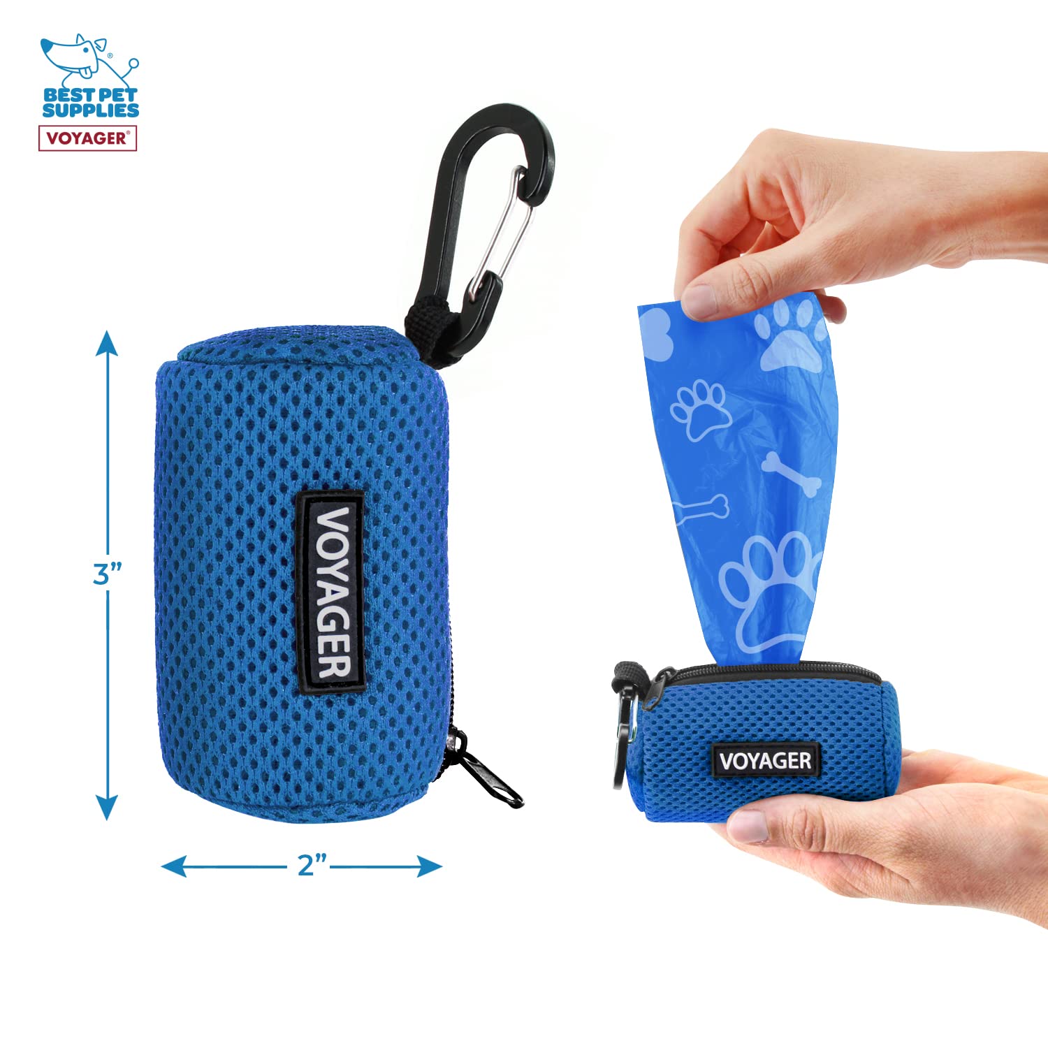 Best Pet Supplies Dog Poop Bag Holder Leash Attachment With 15 Bags, Royal Blue, Reusable Mesh Dispenser Pouch For Travel, Walki