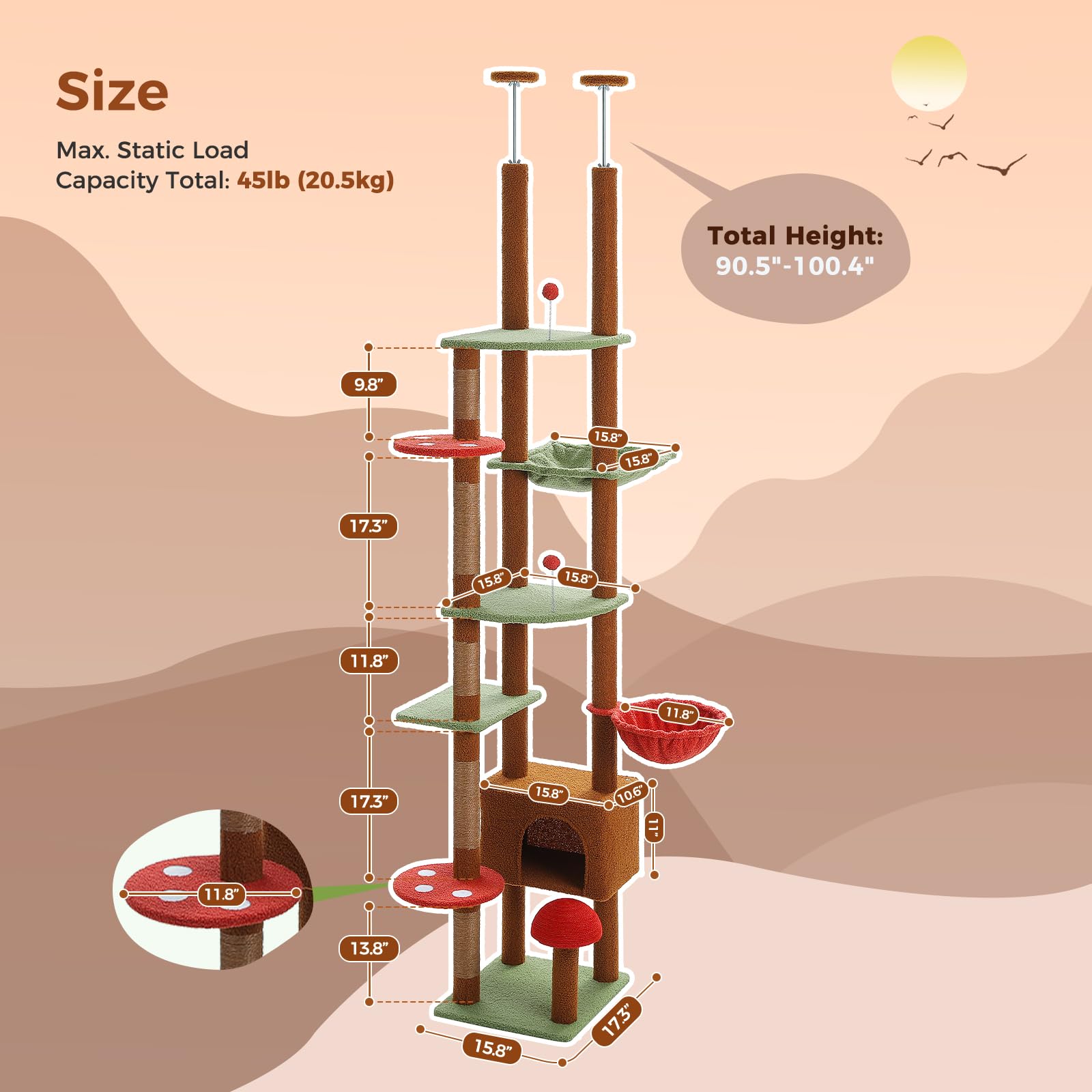 Pequlti Mushroom Cat Tree Floor To Ceiling Cat Tower Adjustable Height (90.5''-100.4'' = 230Cm-252Cm) With Cat Condo, Cozy Hammo