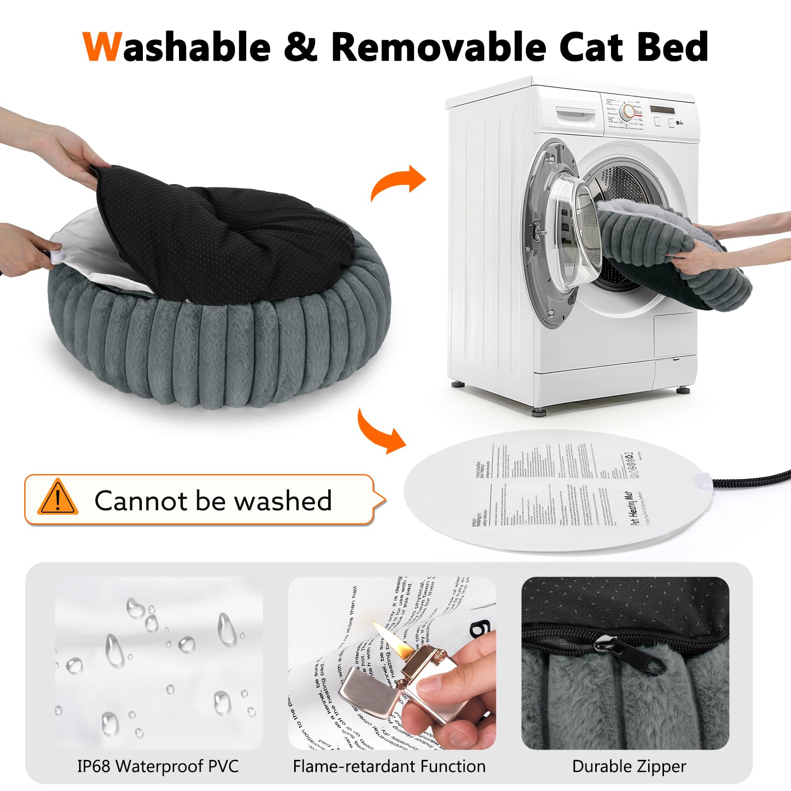 INVENHO Heated Cat Beds for Indoor Cats and Small Dogs, 20 Cozy Donut Heated Pet Bed with Timer & Temp Adjustable, Removable Wat