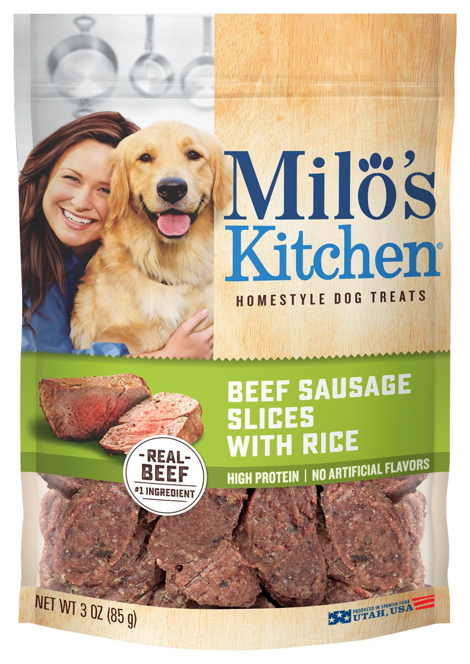 Milos Kitchen Home-Style Dog Treats 100% Real Beef Sausage Slices With Rice 3 Oz.