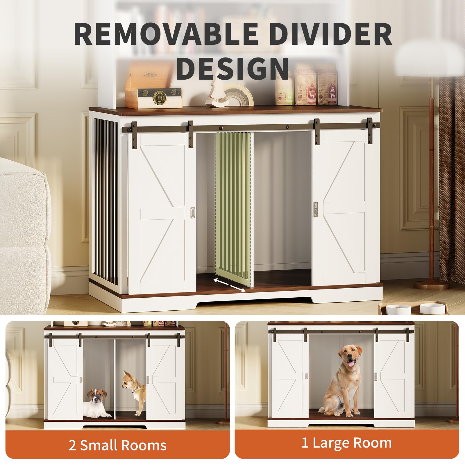 Dog Crate Furniture for 2 Dogs with Storage Shelves, 48 L x 23 W x 63 H Wooden Dog Crate with Double Doors, Heavy Sturdy Dog Ken