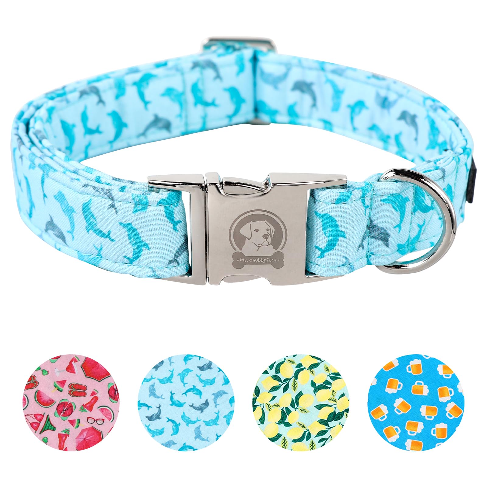 Mr. Chubbyface Spring Summer Dog Collar, Cute Blue Dolphine Dog Collar, Adjustable Durable Soft Natural Fabric Pet Collar For Sm