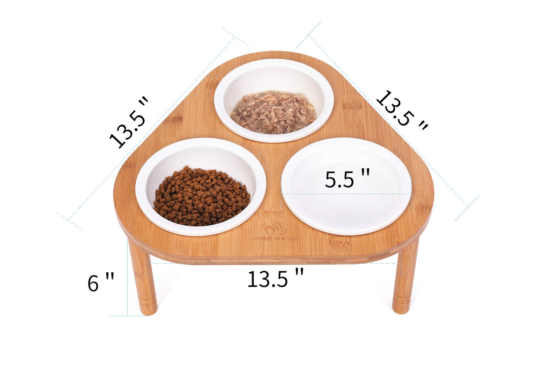 Miss Meow Raised Cat Bowls With Stand Feeder, Elevated Bamboo Stand With 3 Ceramics Bowls, Anti Slip And Removable Feet. (Ceramic Bowls)