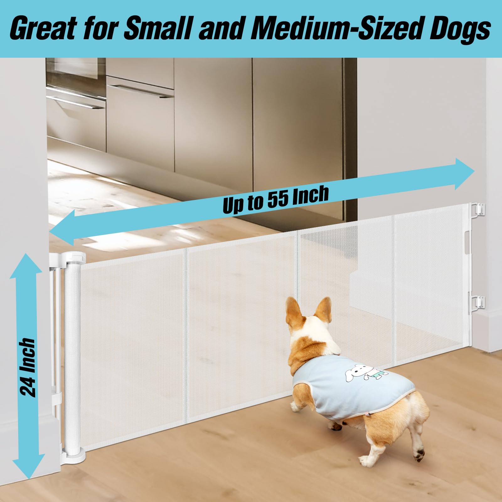 24 Inches Tall Retractable Dog Gate for The House, Short Baby Gates to Step Over, Extends up to 55'' Wide, Reinforced Mesh Puppy