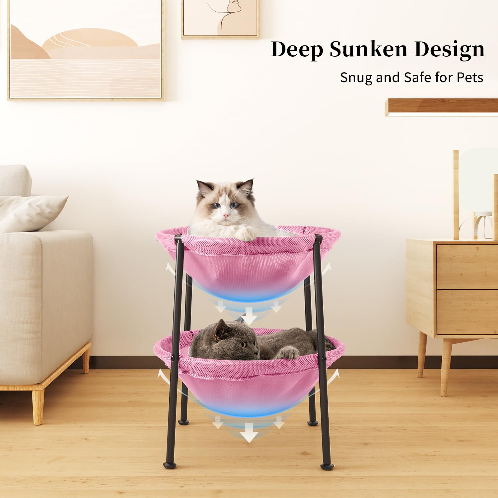 Junspow Double Cat Bed Pink, Breathable Pet Bed For 2 Cats With 4 Adjustable Feet & Anti-Slip Mats, Easy Assembly Cat Hammock Fo