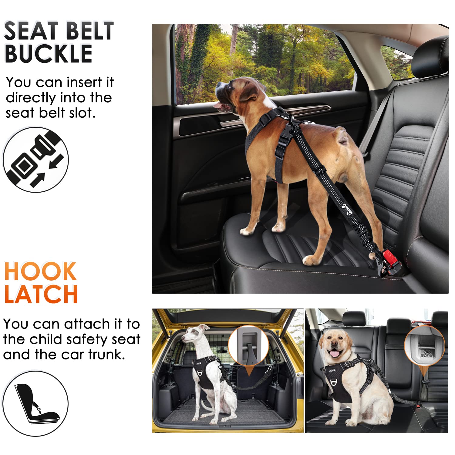 Slowton Dog Seat Belt, Adjustable Dog Safety Belt Leash, 2 In 1 Latch Bar Attachment Dog Car Seatbelt With Elastic Nylon Bungee Buffer, Reflective Nylon Belt Tether Connect To Dog Harness(Bl,35.5In)