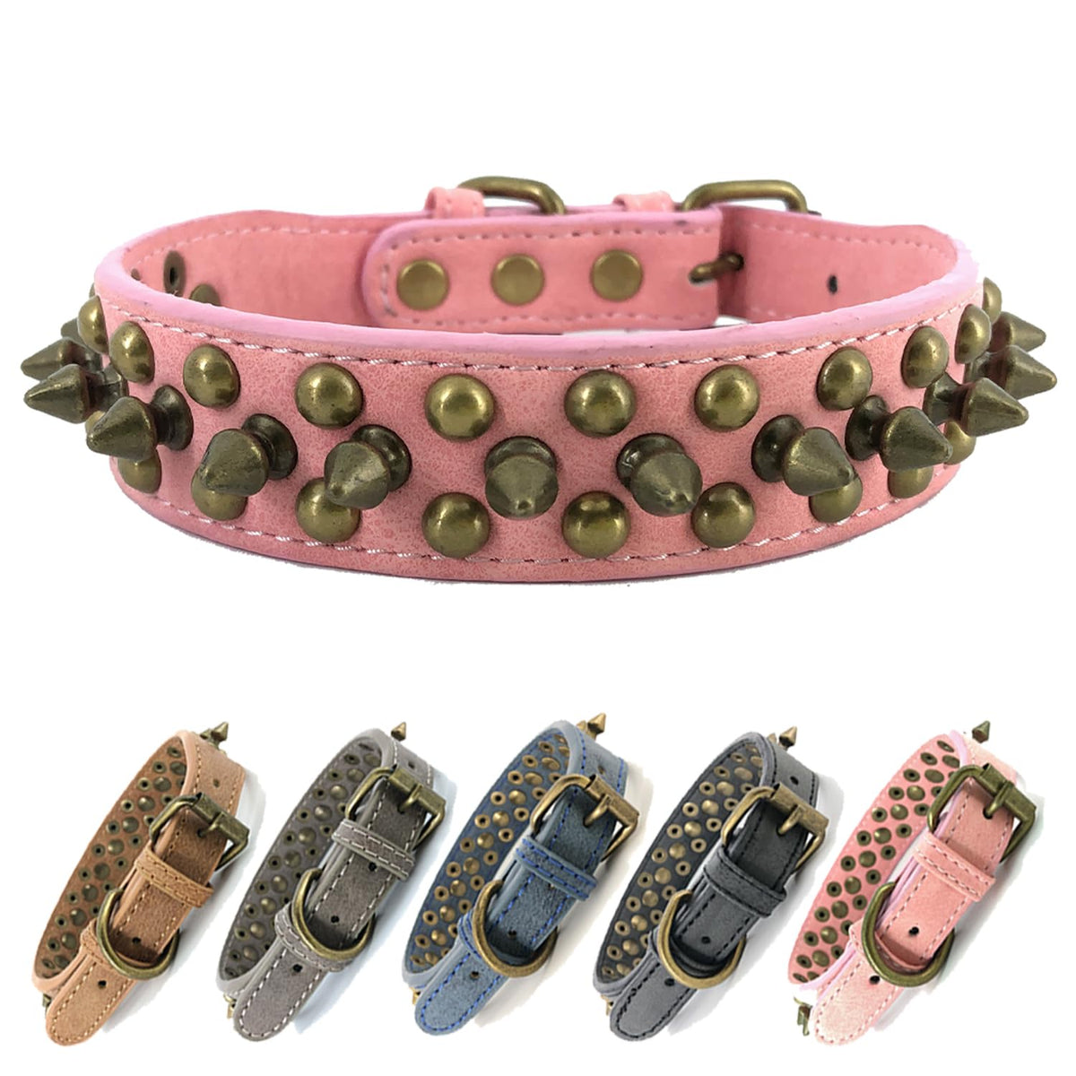 Spiked Studded Dog Collar-Bronze Round Stud Anti-Bite Collar (Pink,S)