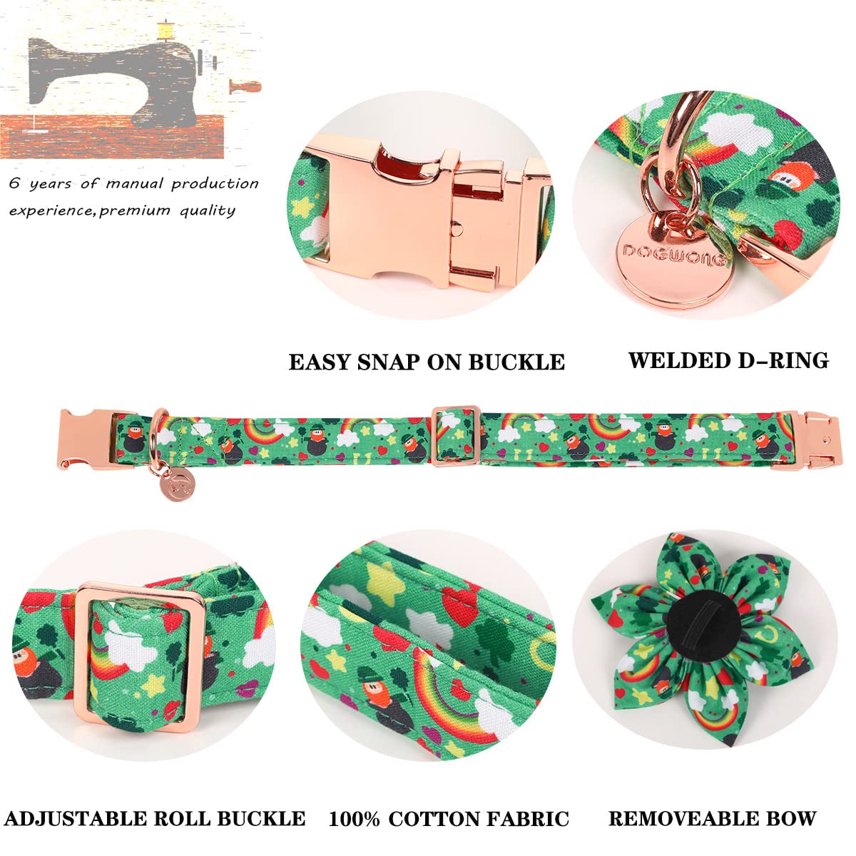 Dogwong Green Lucky Clover Shamrock Dog Collar With Flower, Soft Adjustable St. Patrick'S Day Lucky Charm Puppy Collar For Small