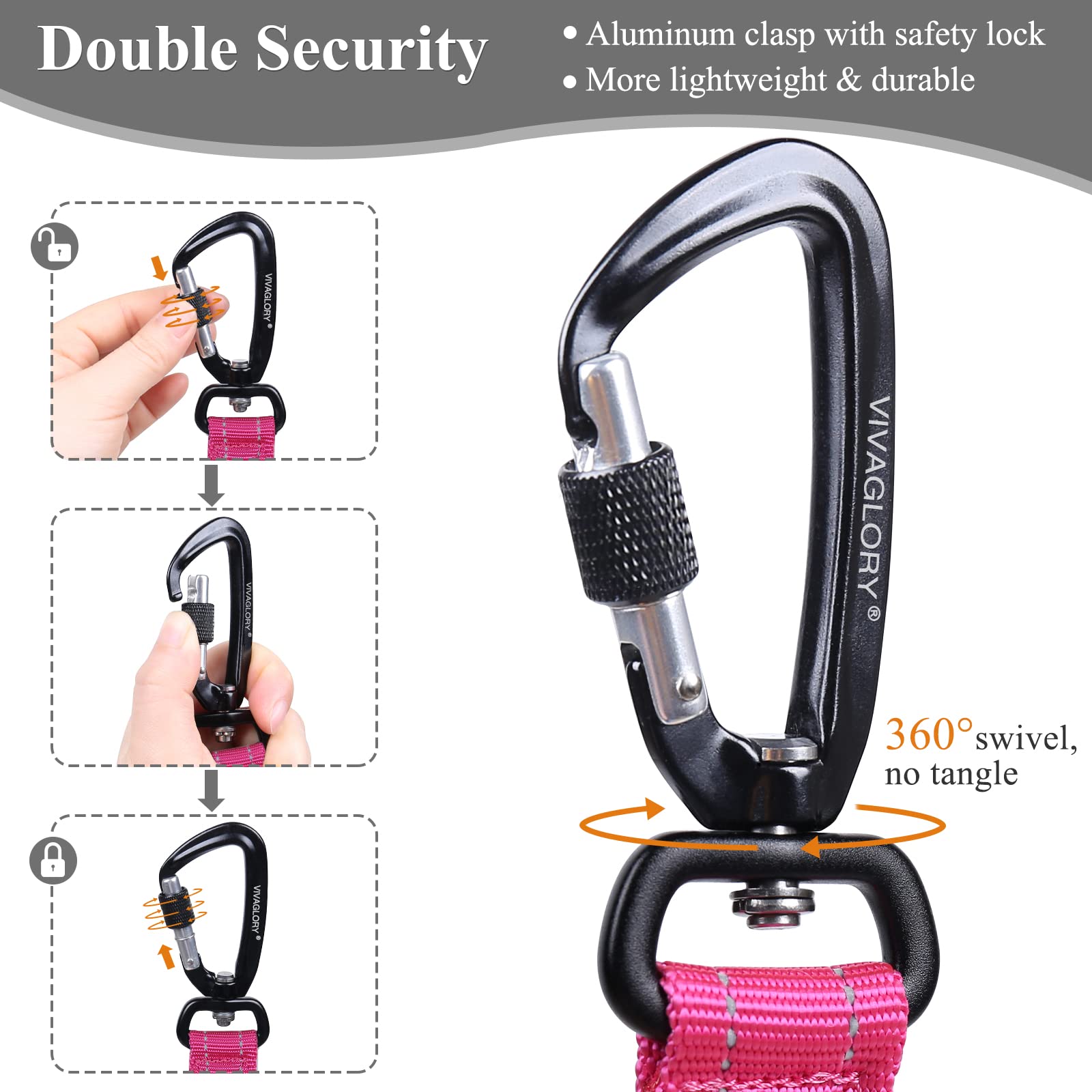 Vivaglory Dog Leash With Lightweight Aluminum Clasp & 2 Padded Handles, 4Ft Nylon Dog Leash Lead Heavy Duty Safety No Pull Climbing Climbers Carabiner Clip Training Leash For Medium Large Dogs Pink