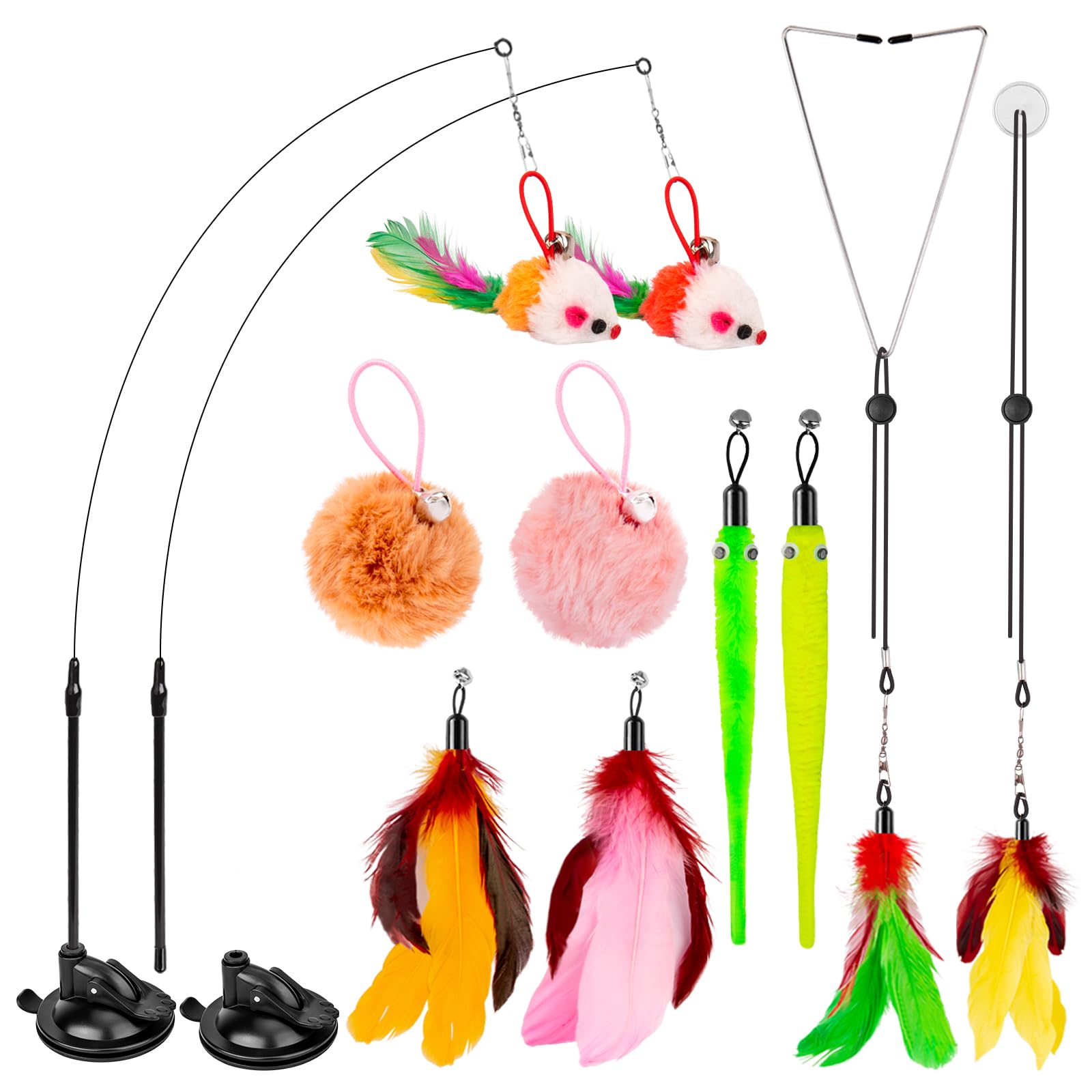 Hosfroll Cat Toys Wand, Interactive Cat Toy With Super Suction Cup Sticky Detachable 12 Pcs Feather Replacements 2 Wands Cat Spring Feather Toys For Indoor Cats Kitten Toys (4 Birds Replacements)