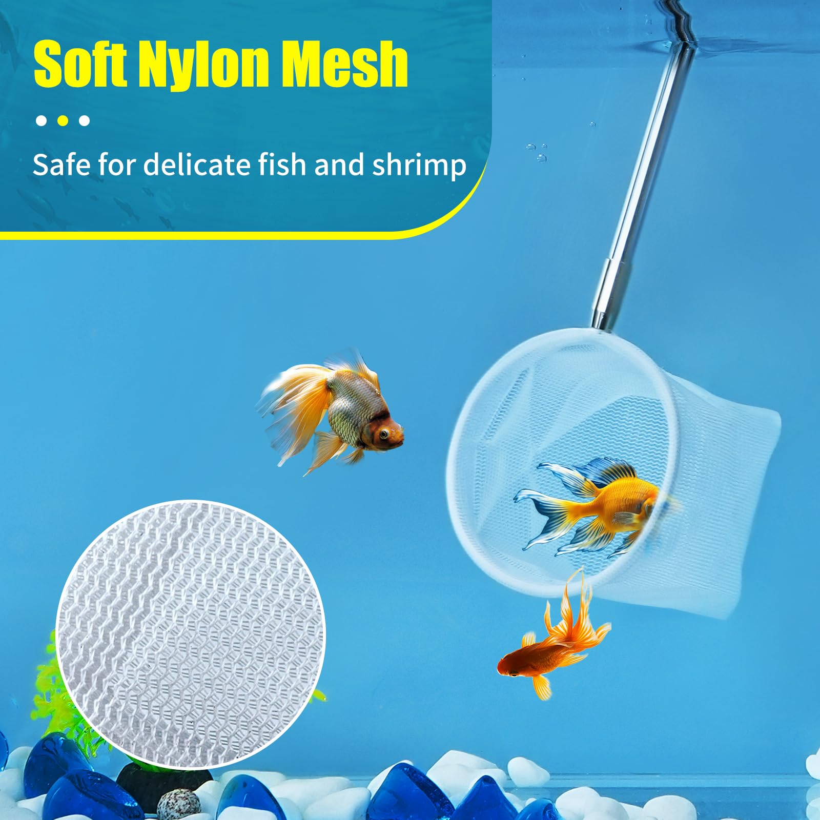 AQUANEAT Small Fish Tank Shrimp Net, Aquarium Debris Cleaning Tools, with Extendable Handle, 2    Circular