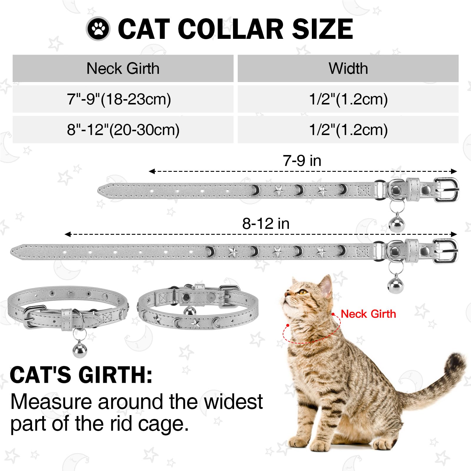 Dillybud Leather Cat Collars For Boy Girl Cats With Bell And Safety Elastic Belt, Personalized Star And Moon Stud Adjustable Saf