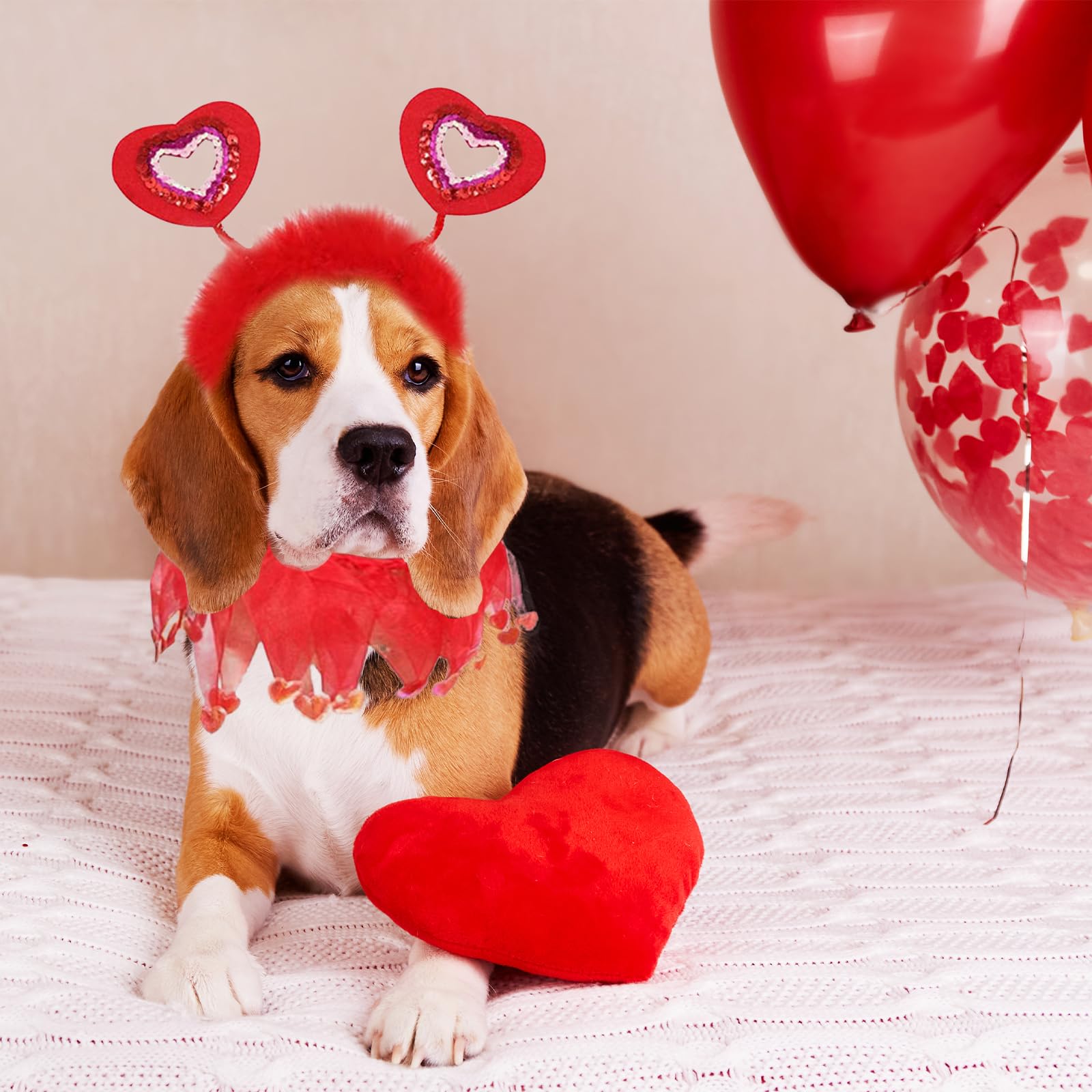 Dog Day Outfit, Red Glitter Heart Dog Headband And Tutu Collar Costume Set, Valentines Party Accessories For Small Medium Large