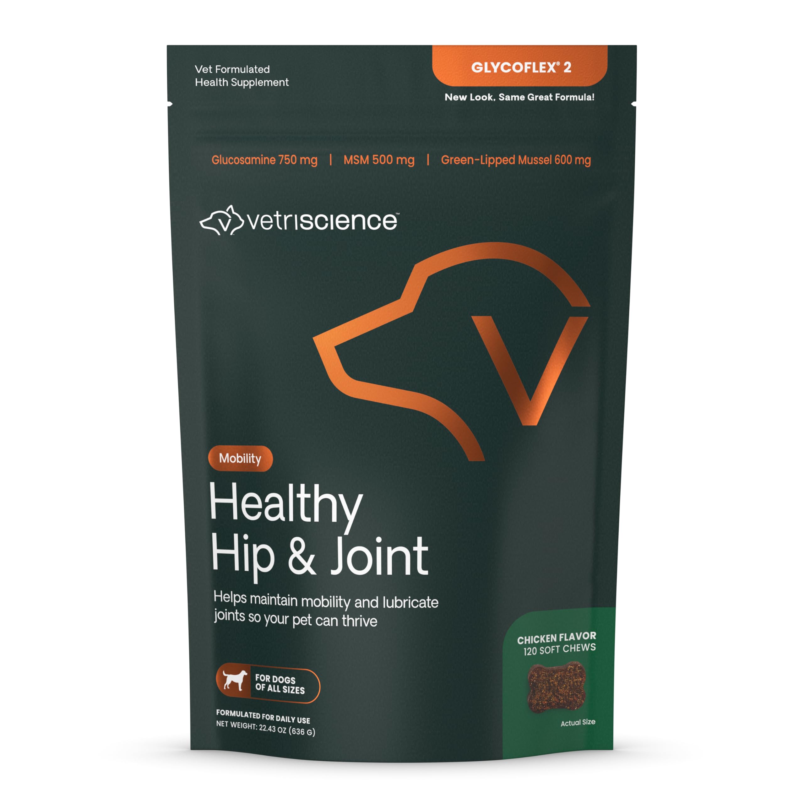 VetriScience Healthy Hip & Joint Glucosamine Supplements for Dogs, with MSM & Green-Lipped Mussels for Dogs, Soft Chews, Chicken
