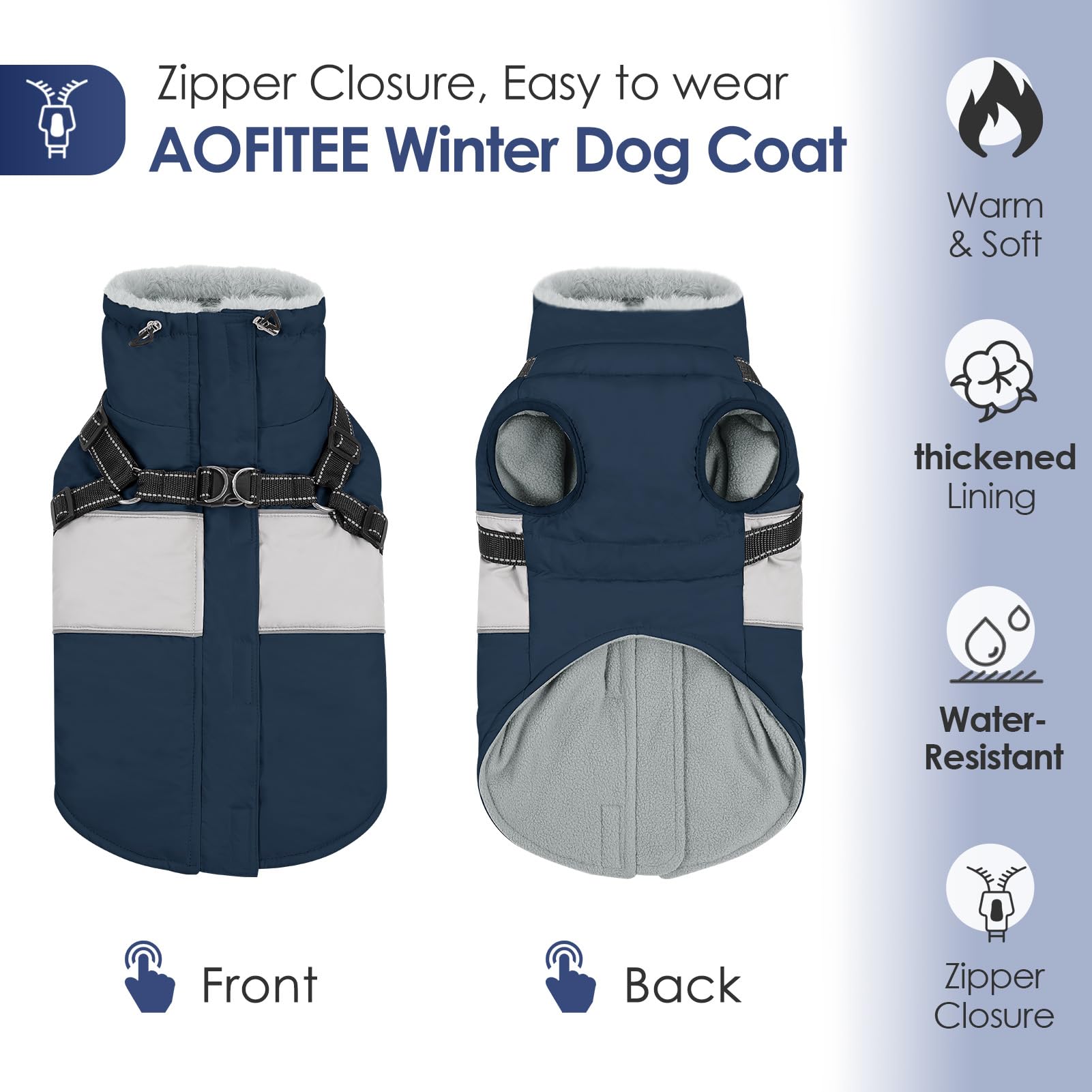 Aofitee Dog Winter Coat - Built-In Harness, Reflective Waterproof Puffer Jacket, Warm Fleece Windproof Sweater For Large Dogs, B